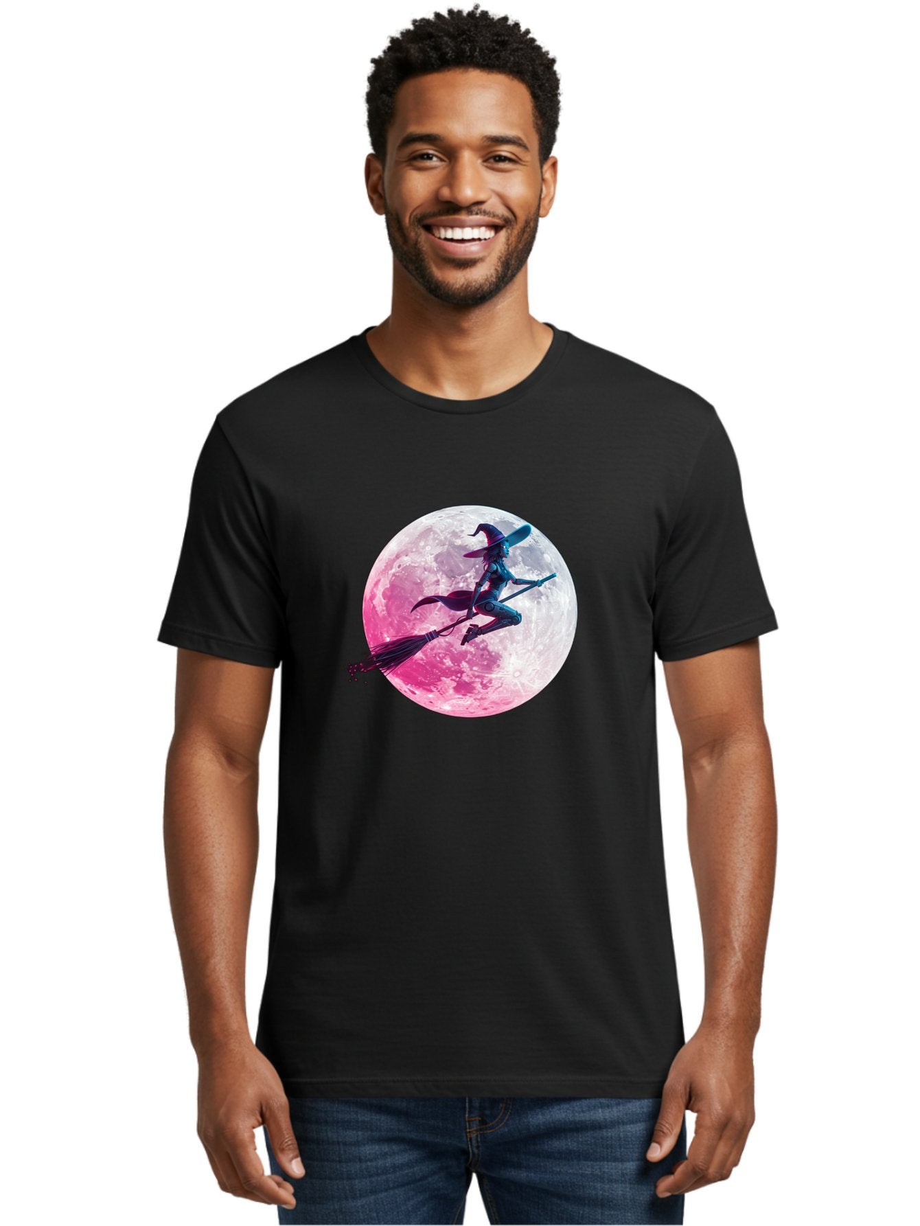 Witch-Flying-On-Broomstick-1 Men'S Graphic Tee, 100% Cotton, Comfortable Casual Summer Wear, Machine Washable, Witch Flying On Broomstick, Full Moon, Mystical Powers, Magical Night, Fantasy Scene, Supernatural Being, Occult Practices, Bad920 20