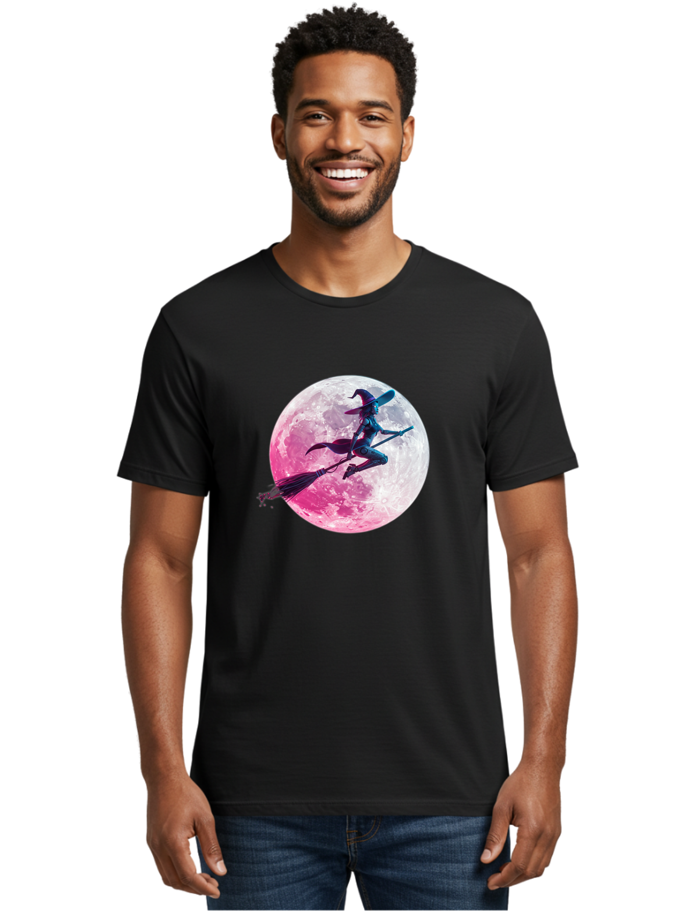 Witch-Flying-On-Broomstick-1 Men'S Graphic Tee, 100% Cotton, Comfortable Casual Summer Wear, Machine Washable, Witch Flying On Broomstick, Full Moon, Mystical Powers, Magical Night, Fantasy Scene, Supernatural Being, Occult Practices, Bad920 30