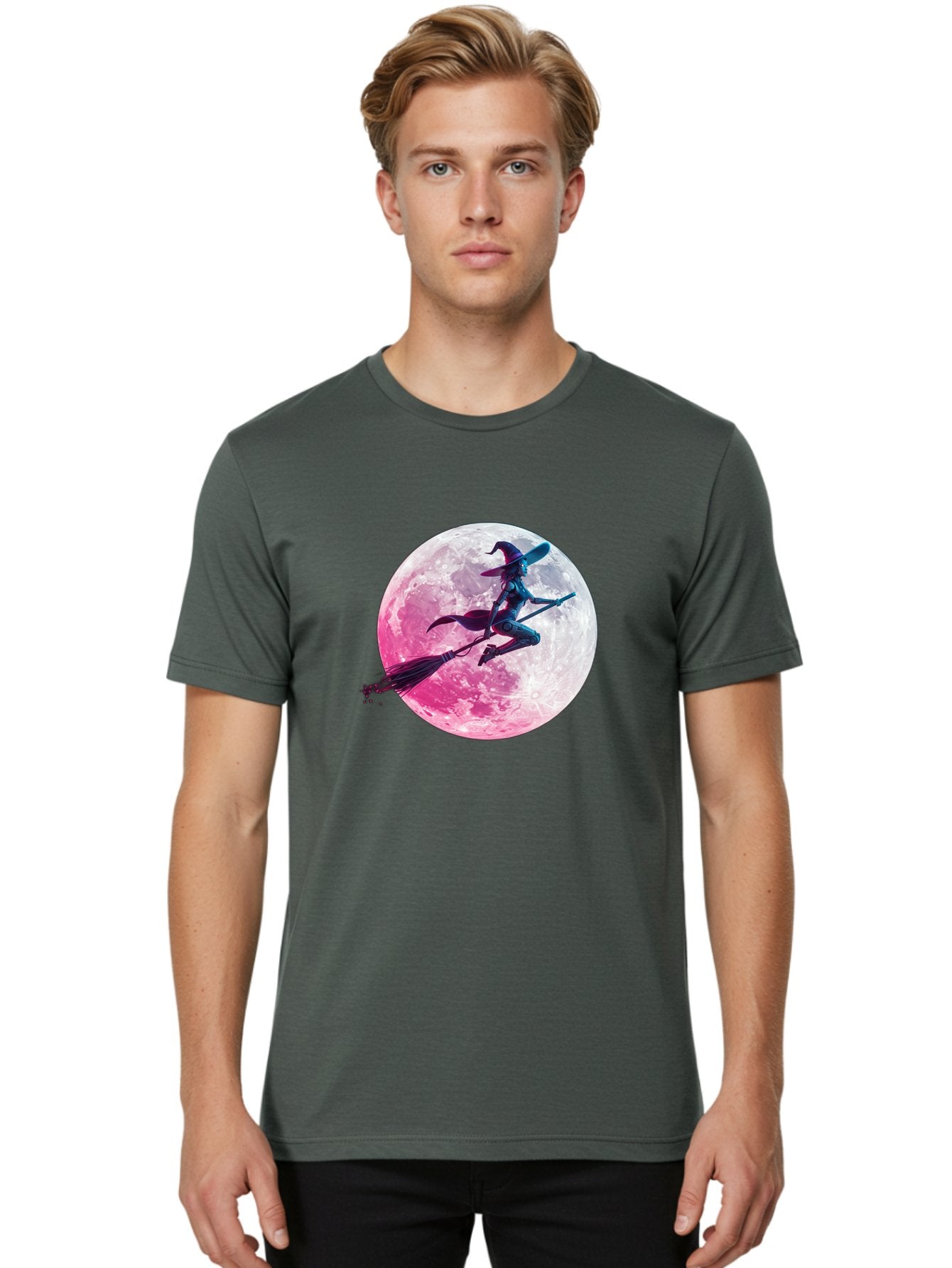 Witch-Flying-On-Broomstick-1 Men'S Graphic Tee, 100% Cotton, Comfortable Casual Summer Wear, Machine Washable, Witch Flying On Broomstick, Full Moon, Mystical Powers, Magical Night, Fantasy Scene, Supernatural Being, Occult Practices, Bad920 23