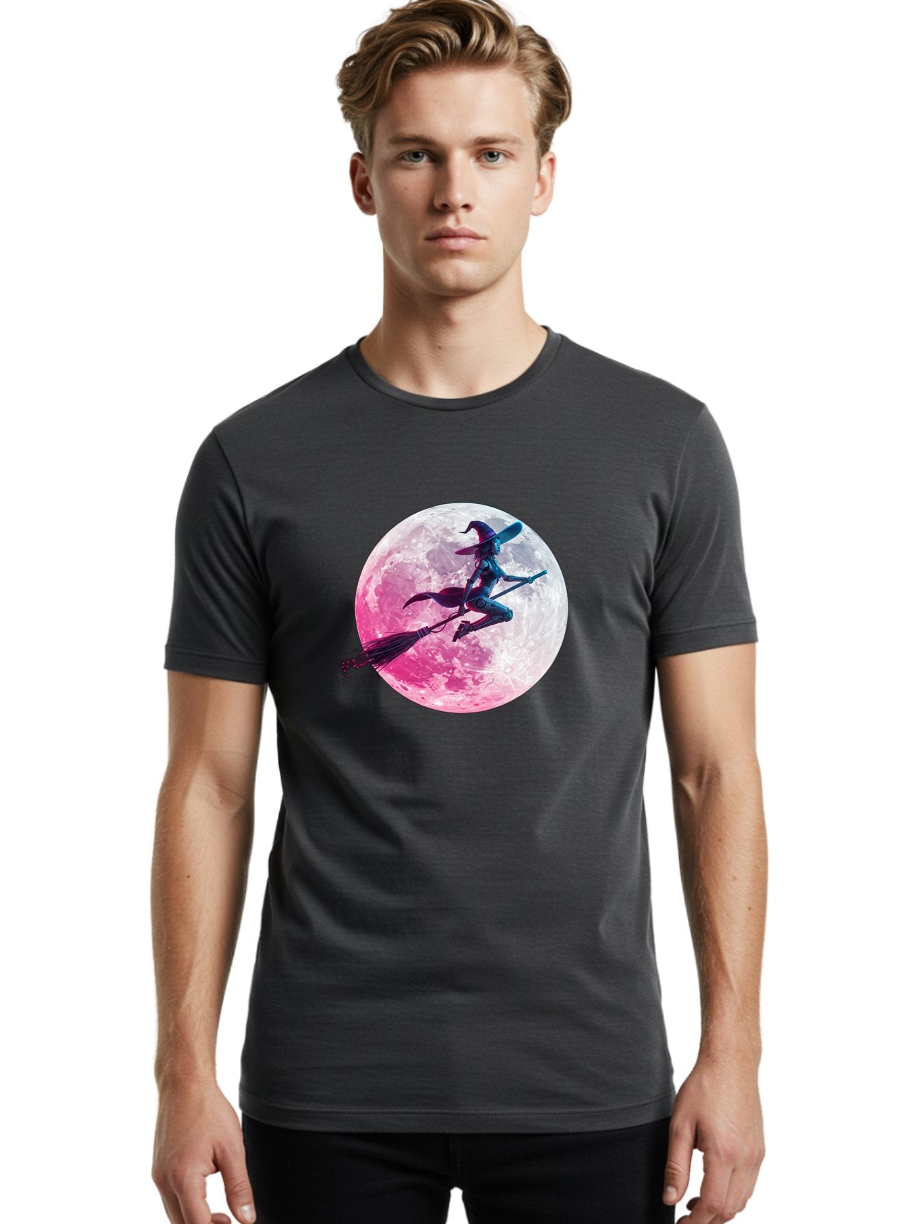 Witch-Flying-On-Broomstick-1 Men'S Graphic Tee, 100% Cotton, Comfortable Casual Summer Wear, Machine Washable, Witch Flying On Broomstick, Full Moon, Mystical Powers, Magical Night, Fantasy Scene, Supernatural Being, Occult Practices, Bad920 19