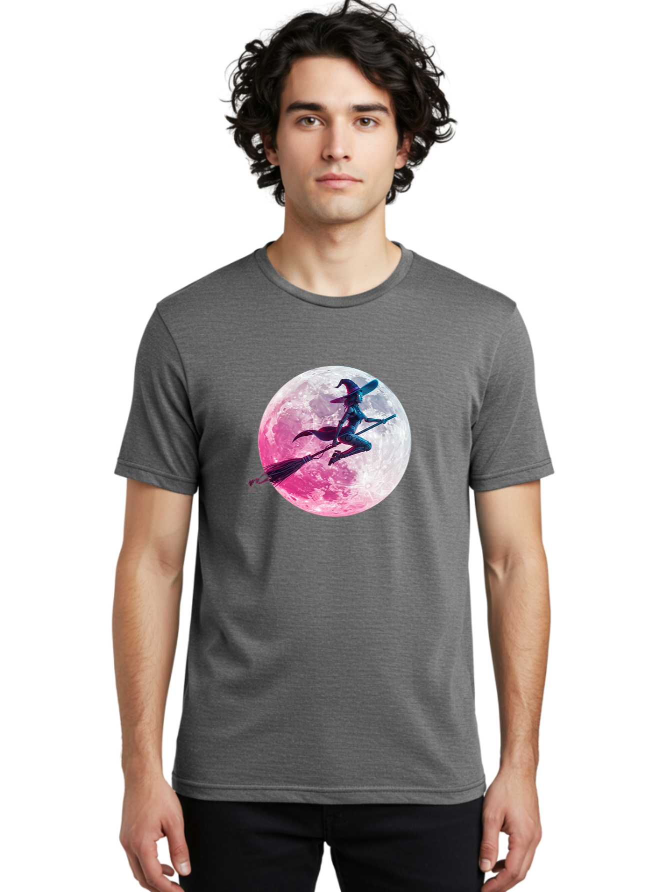 Witch-Flying-On-Broomstick-1 Men'S Graphic Tee, 100% Cotton, Comfortable Casual Summer Wear, Machine Washable, Witch Flying On Broomstick, Full Moon, Mystical Powers, Magical Night, Fantasy Scene, Supernatural Being, Occult Practices, Bad920 17