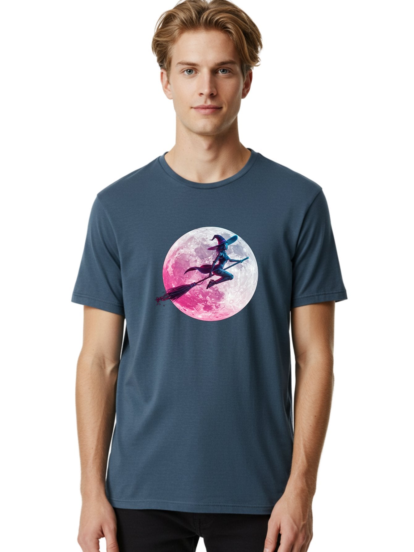 Witch-Flying-On-Broomstick-1 Men'S Graphic Tee, 100% Cotton, Comfortable Casual Summer Wear, Machine Washable, Witch Flying On Broomstick, Full Moon, Mystical Powers, Magical Night, Fantasy Scene, Supernatural Being, Occult Practices, Bad920 26