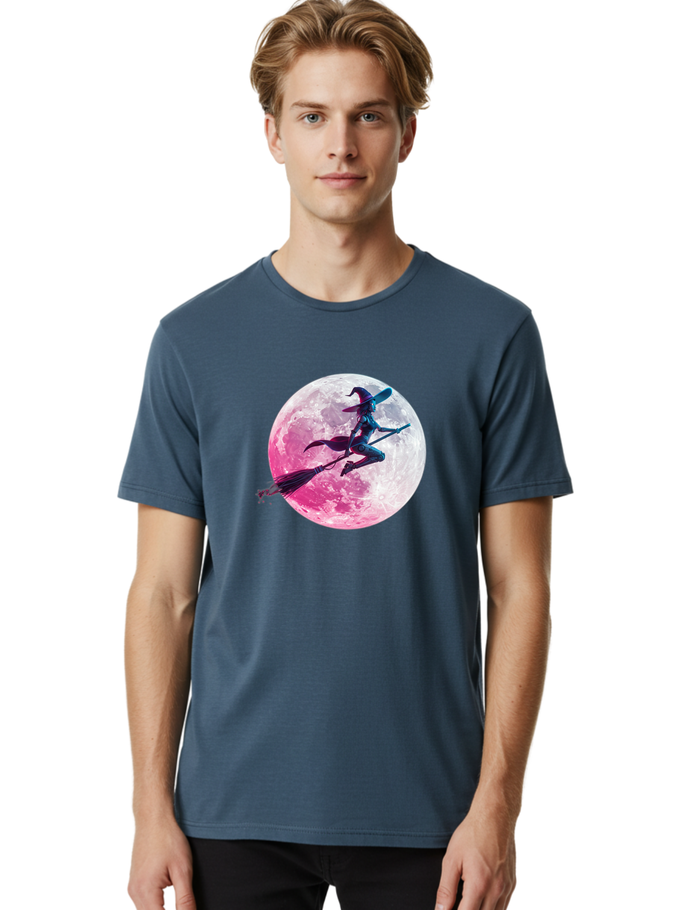Witch-Flying-On-Broomstick-1 Men'S Graphic Tee, 100% Cotton, Comfortable Casual Summer Wear, Machine Washable, Witch Flying On Broomstick, Full Moon, Mystical Powers, Magical Night, Fantasy Scene, Supernatural Being, Occult Practices, Bad920 20