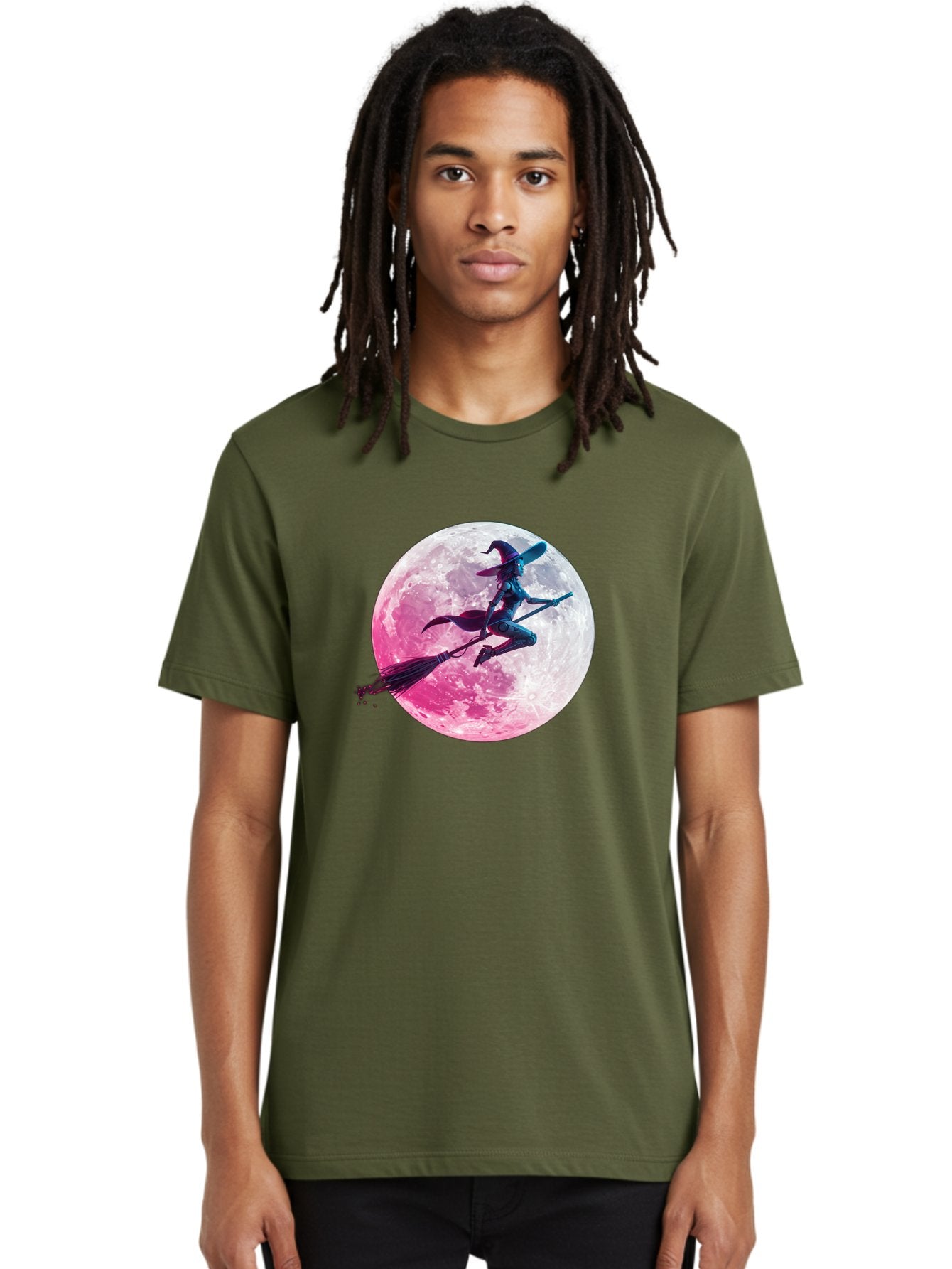 Witch-Flying-On-Broomstick-1 Men'S Graphic Tee, 100% Cotton, Comfortable Casual Summer Wear, Machine Washable, Witch Flying On Broomstick, Full Moon, Mystical Powers, Magical Night, Fantasy Scene, Supernatural Being, Occult Practices, Bad920 21