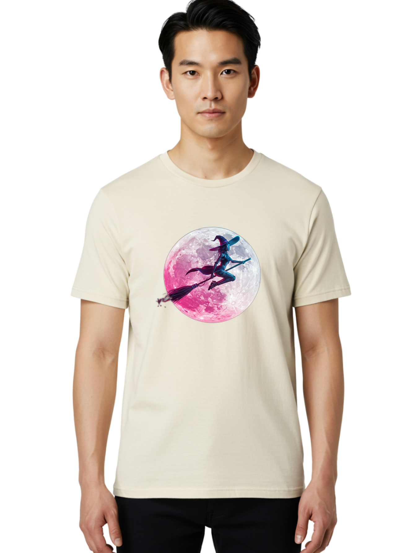 Witch-Flying-On-Broomstick-1 Men'S Graphic Tee, 100% Cotton, Comfortable Casual Summer Wear, Machine Washable, Witch Flying On Broomstick, Full Moon, Mystical Powers, Magical Night, Fantasy Scene, Supernatural Being, Occult Practices, Bad920 18