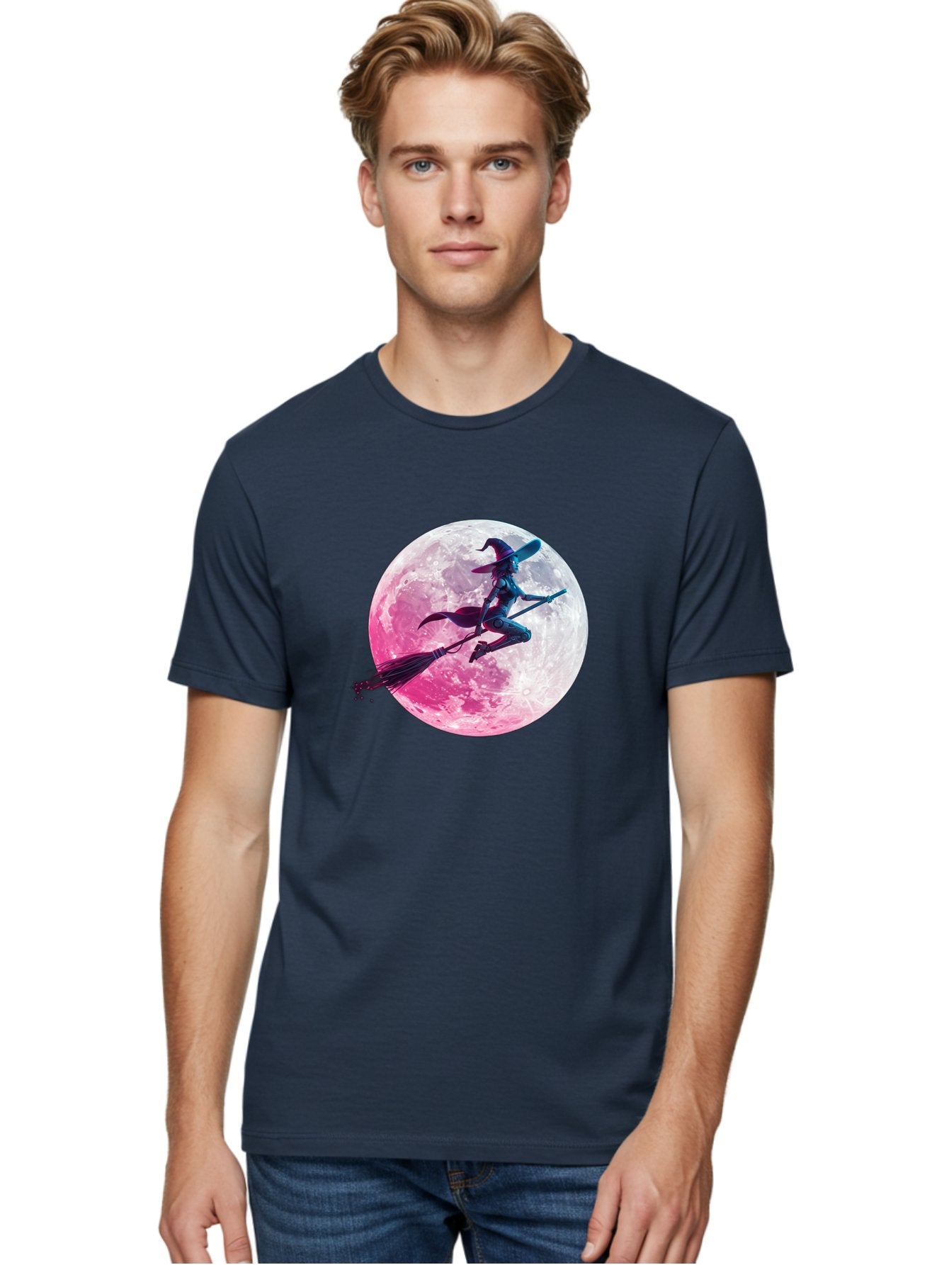 Witch-Flying-On-Broomstick-1 Men'S Graphic Tee, 100% Cotton, Comfortable Casual Summer Wear, Machine Washable, Witch Flying On Broomstick, Full Moon, Mystical Powers, Magical Night, Fantasy Scene, Supernatural Being, Occult Practices, Bad920 25