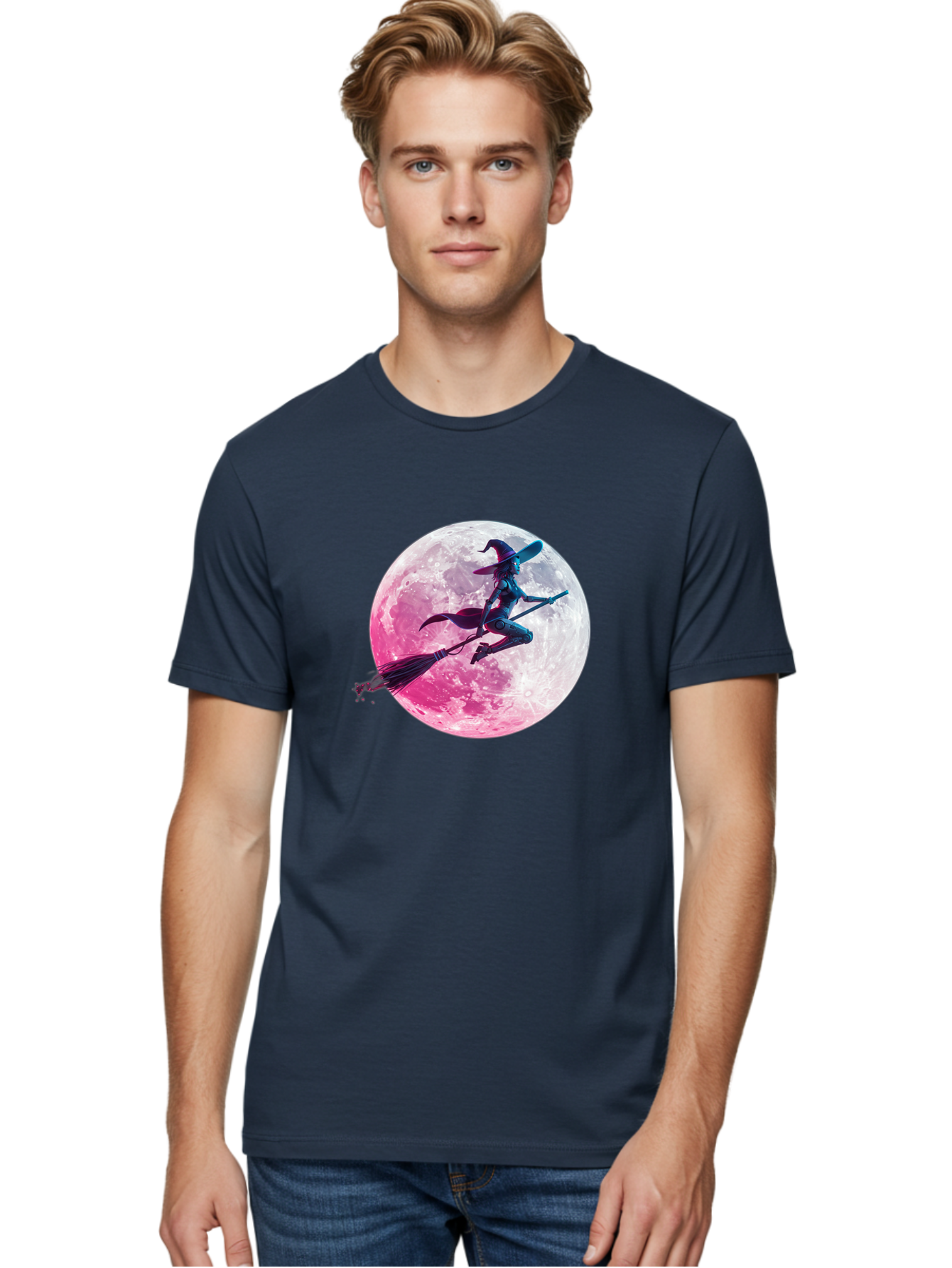Witch-Flying-On-Broomstick-1 Men'S Graphic Tee, 100% Cotton, Comfortable Casual Summer Wear, Machine Washable, Witch Flying On Broomstick, Full Moon, Mystical Powers, Magical Night, Fantasy Scene, Supernatural Being, Occult Practices, Bad920 21