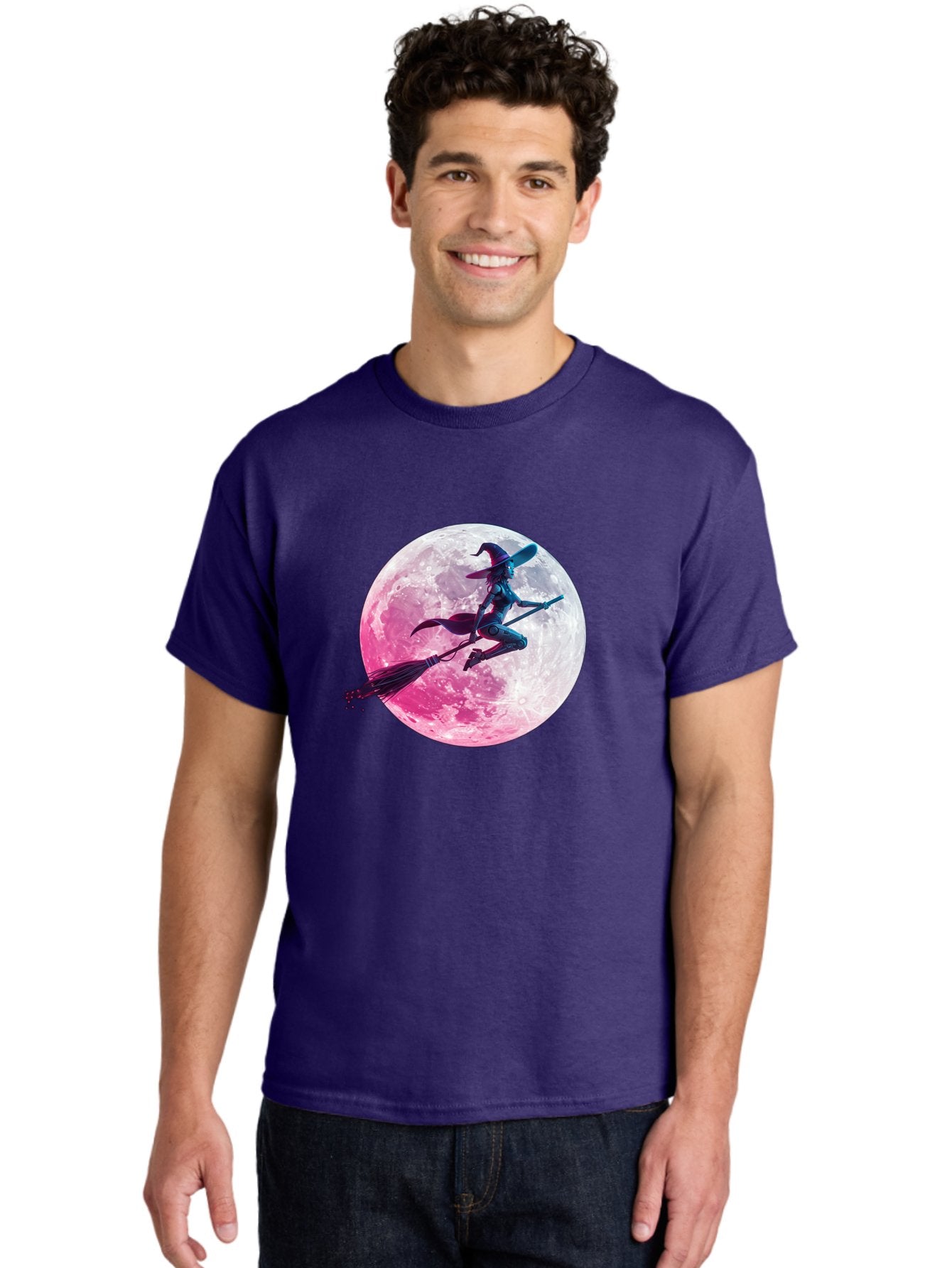 Witch-Flying-On-Broomstick-1 Men'S Graphic Tee, 100% Cotton, Comfortable Casual Summer Wear, Machine Washable, Witch Flying On Broomstick, Full Moon, Mystical Powers, Magical Night, Fantasy Scene, Supernatural Being, Occult Practices, Bad920 30