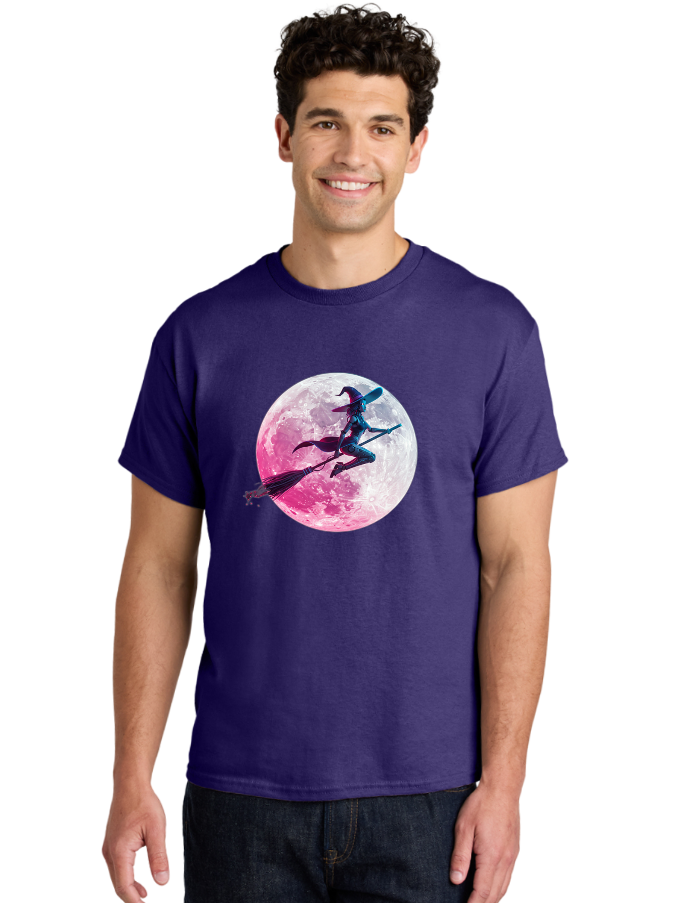 Witch-Flying-On-Broomstick-1 Men'S Graphic Tee, 100% Cotton, Comfortable Casual Summer Wear, Machine Washable, Witch Flying On Broomstick, Full Moon, Mystical Powers, Magical Night, Fantasy Scene, Supernatural Being, Occult Practices, Bad920 16