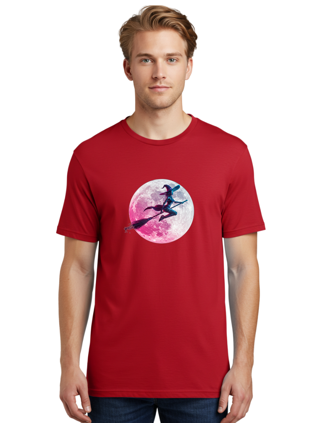 Witch-Flying-On-Broomstick-1 Men'S Graphic Tee, 100% Cotton, Comfortable Casual Summer Wear, Machine Washable, Witch Flying On Broomstick, Full Moon, Mystical Powers, Magical Night, Fantasy Scene, Supernatural Being, Occult Practices, Bad920 19