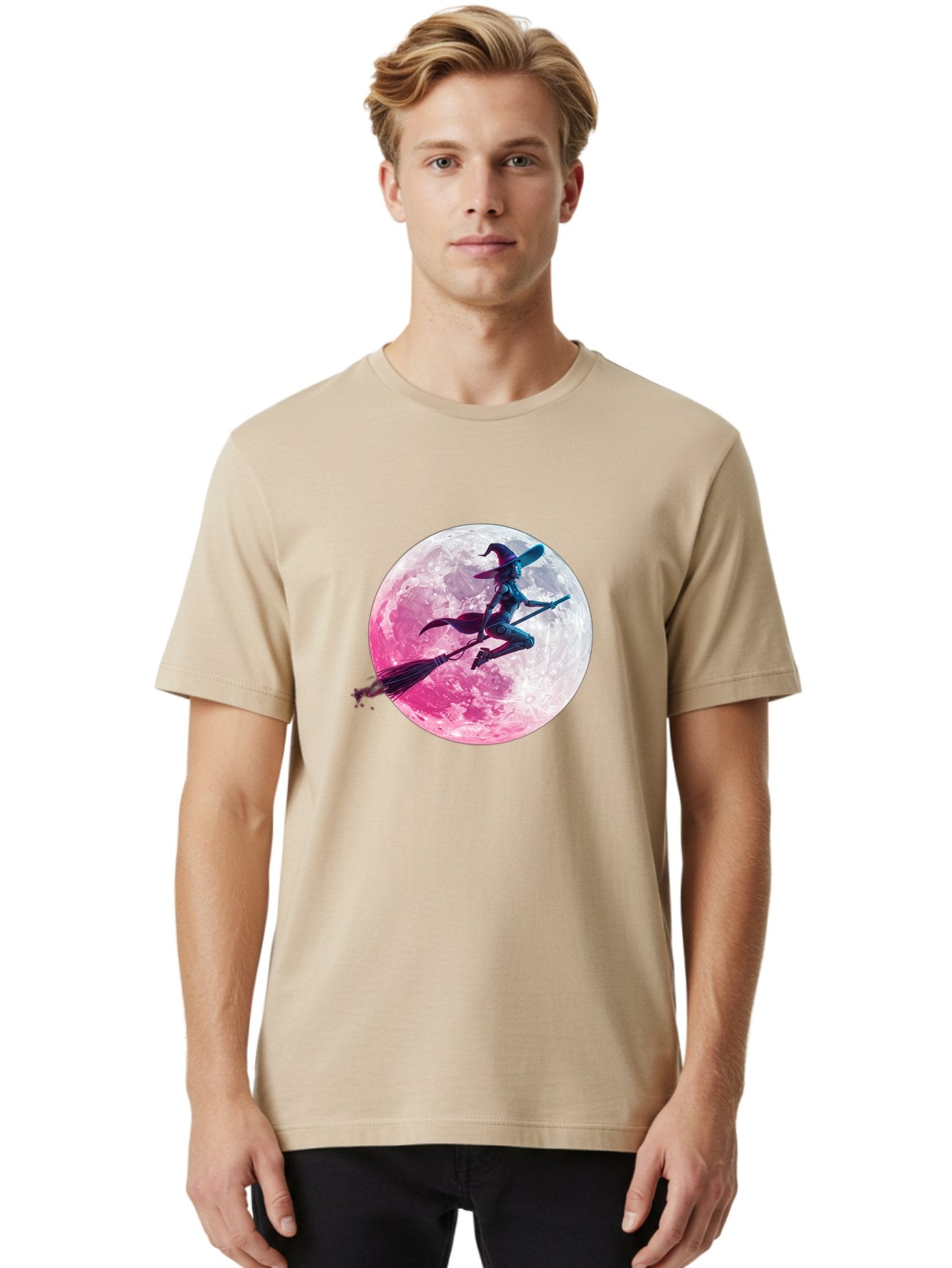 Witch-Flying-On-Broomstick-1 Men'S Graphic Tee, 100% Cotton, Comfortable Casual Summer Wear, Machine Washable, Witch Flying On Broomstick, Full Moon, Mystical Powers, Magical Night, Fantasy Scene, Supernatural Being, Occult Practices, Bad920 17