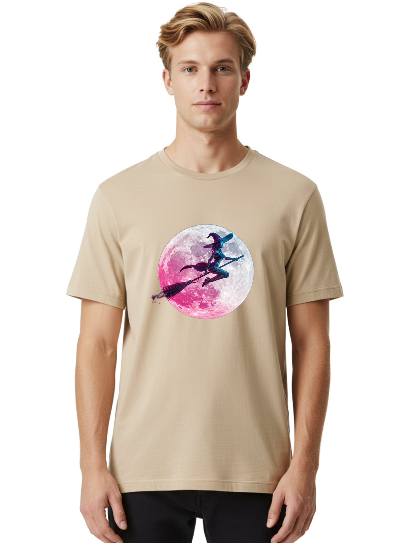 Witch-Flying-On-Broomstick-1 Men'S Graphic Tee, 100% Cotton, Comfortable Casual Summer Wear, Machine Washable, Witch Flying On Broomstick, Full Moon, Mystical Powers, Magical Night, Fantasy Scene, Supernatural Being, Occult Practices, Bad920 29