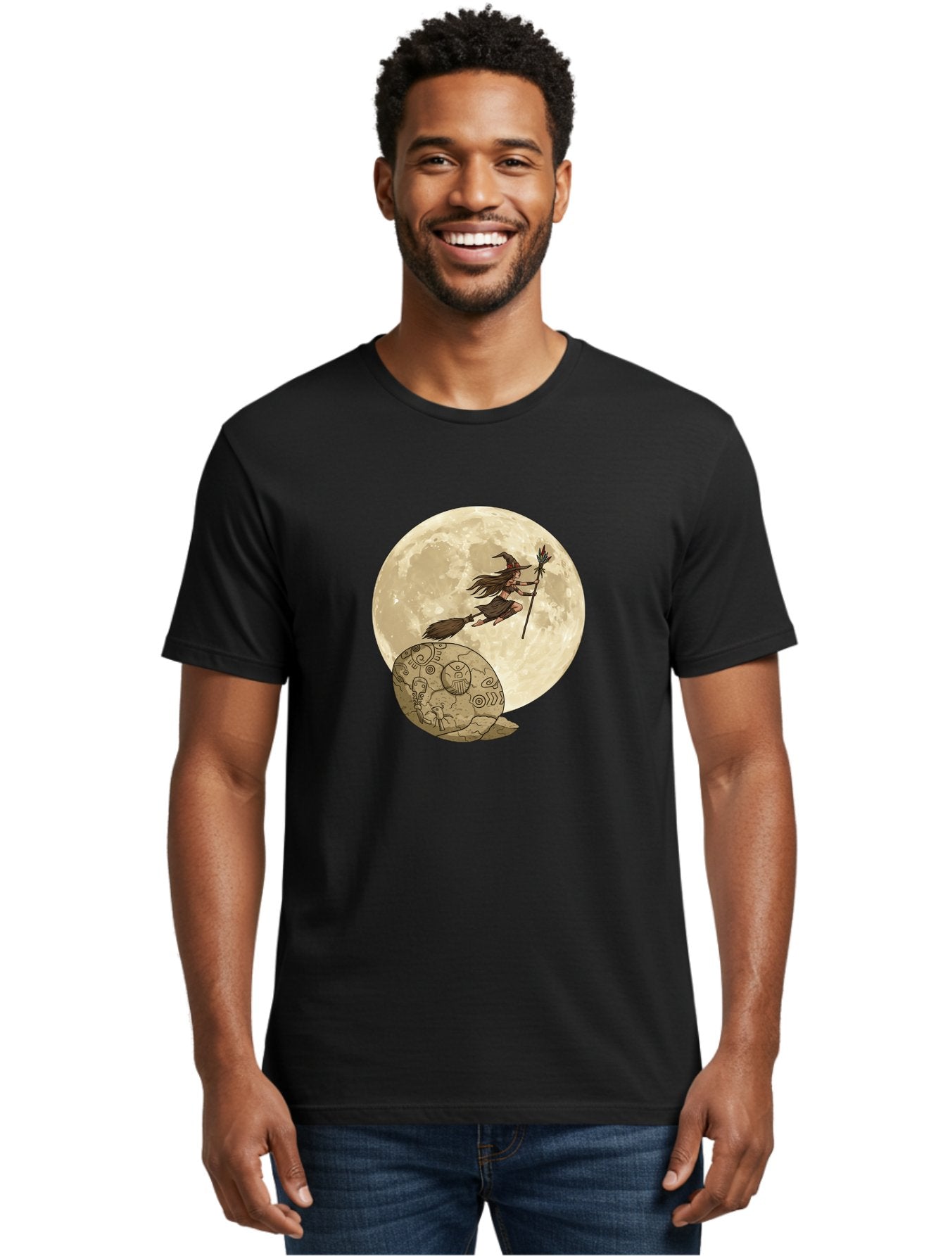 Witch-Flying-On-Broomstick-2 Men'S Graphic Tee, 100% Cotton, Comfortable Casual Summer Wear, Machine Washable, Witch Flying On Broomstick, Full Moon, Mystical Symbols, Lunar Magic, Fantasy Art, Halloween Theme, Mystical Creatures, Bad921 29