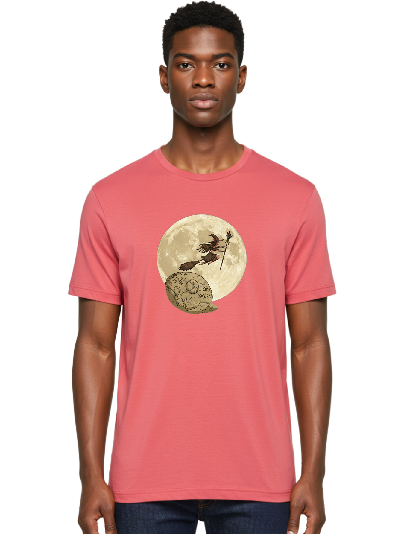 Witch-Flying-On-Broomstick-2 Men'S Graphic Tee, 100% Cotton, Comfortable Casual Summer Wear, Machine Washable, Witch Flying On Broomstick, Full Moon, Mystical Symbols, Lunar Magic, Fantasy Art, Halloween Theme, Mystical Creatures, Bad921 25