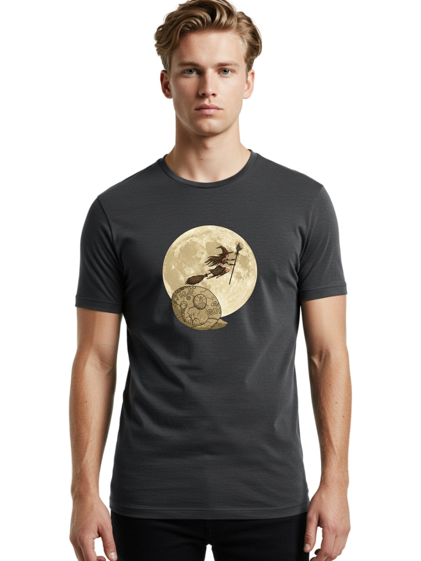 Witch-Flying-On-Broomstick-2 Men'S Graphic Tee, 100% Cotton, Comfortable Casual Summer Wear, Machine Washable, Witch Flying On Broomstick, Full Moon, Mystical Symbols, Lunar Magic, Fantasy Art, Halloween Theme, Mystical Creatures, Bad921 22