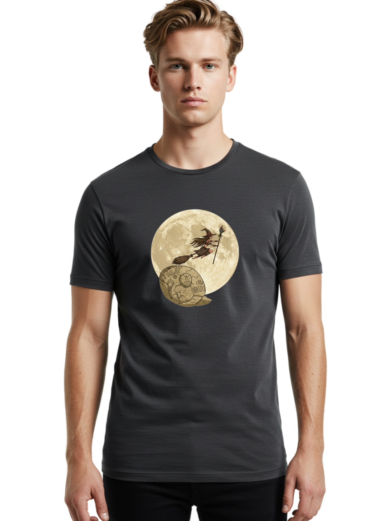 Witch-Flying-On-Broomstick-2 Men'S Graphic Tee, 100% Cotton, Comfortable Casual Summer Wear, Machine Washable, Witch Flying On Broomstick, Full Moon, Mystical Symbols, Lunar Magic, Fantasy Art, Halloween Theme, Mystical Creatures, Bad921 24