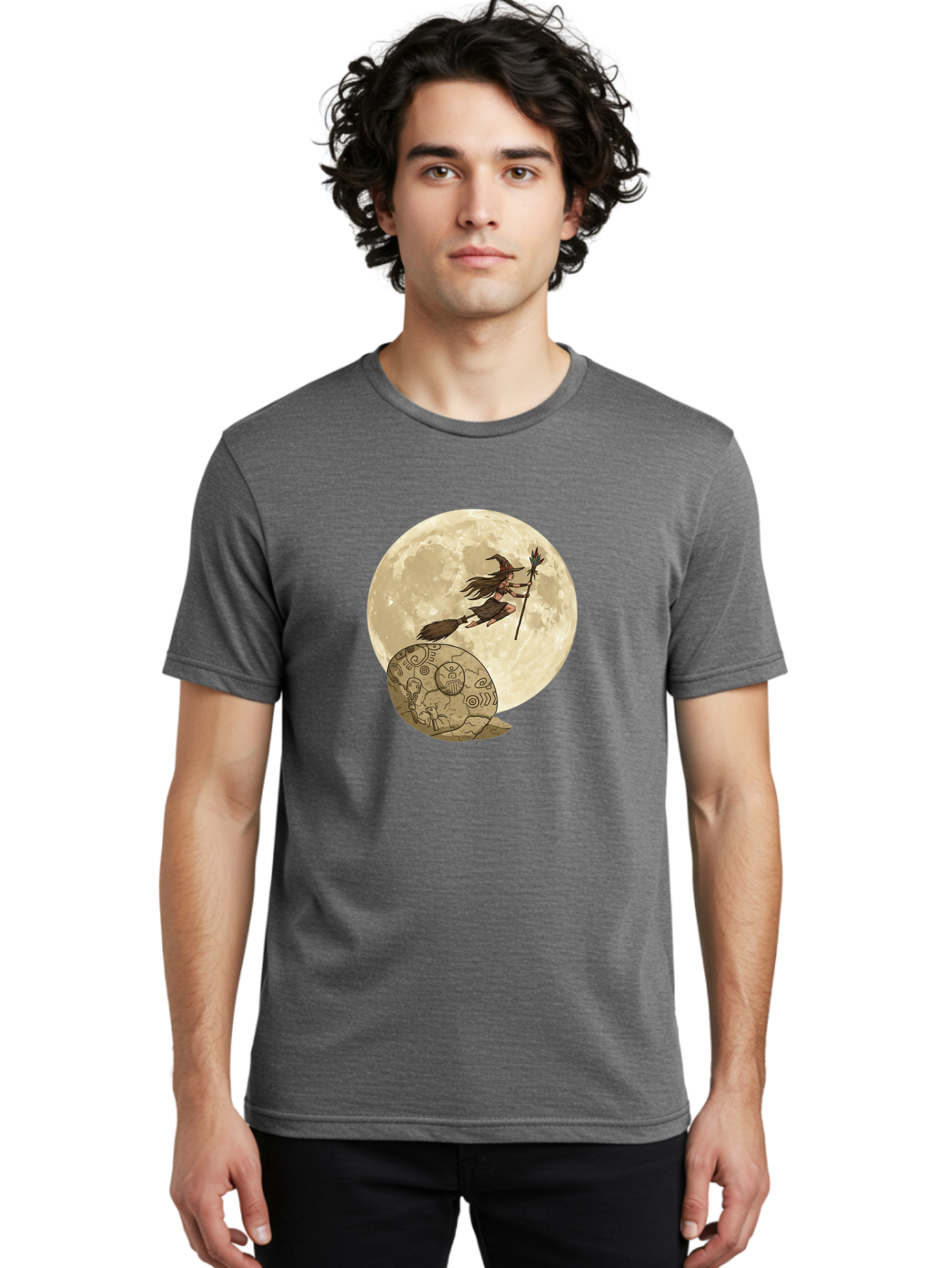 Witch-Flying-On-Broomstick-2 Men'S Graphic Tee, 100% Cotton, Comfortable Casual Summer Wear, Machine Washable, Witch Flying On Broomstick, Full Moon, Mystical Symbols, Lunar Magic, Fantasy Art, Halloween Theme, Mystical Creatures, Bad921 18