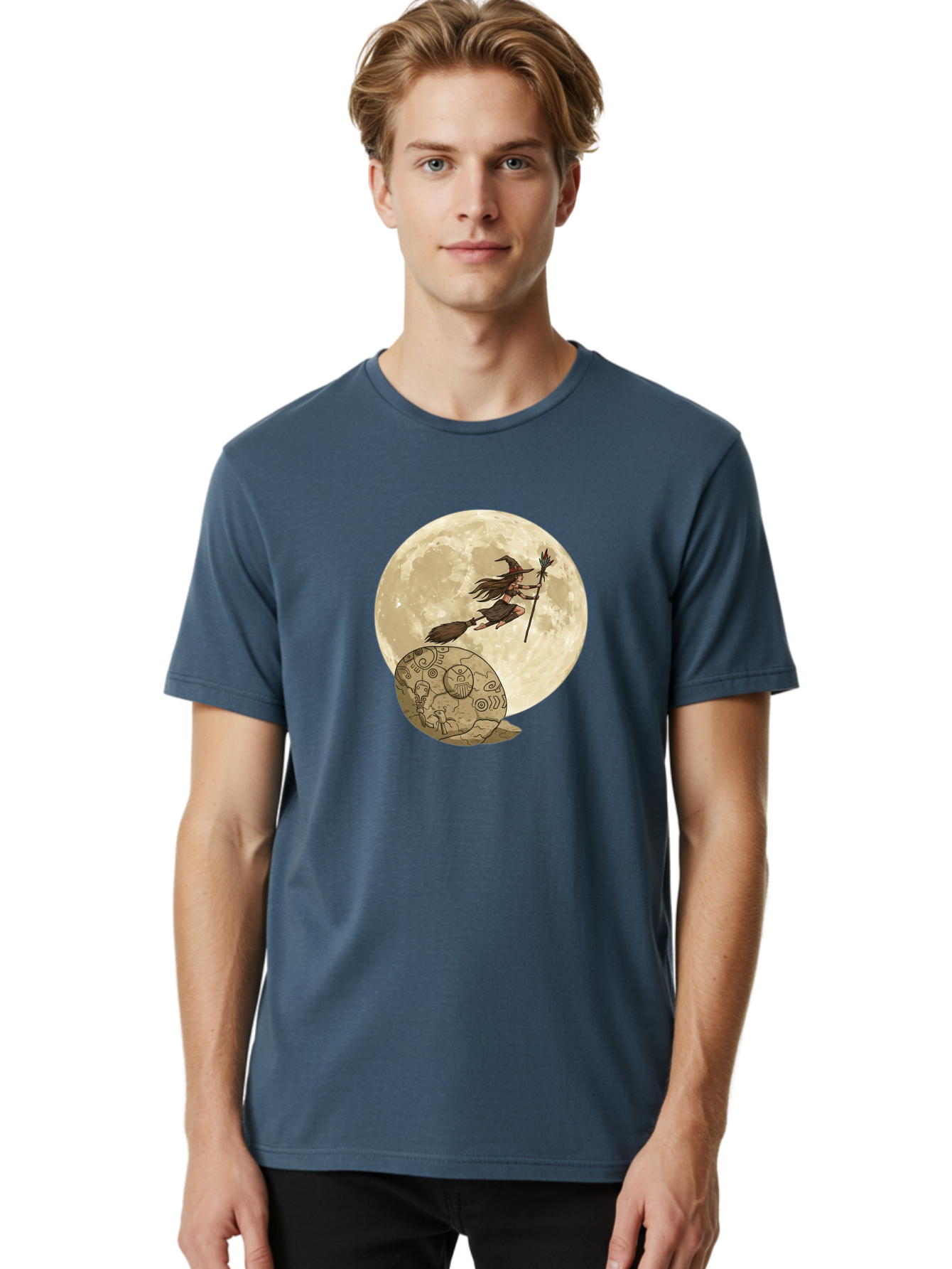Witch-Flying-On-Broomstick-2 Men'S Graphic Tee, 100% Cotton, Comfortable Casual Summer Wear, Machine Washable, Witch Flying On Broomstick, Full Moon, Mystical Symbols, Lunar Magic, Fantasy Art, Halloween Theme, Mystical Creatures, Bad921 27