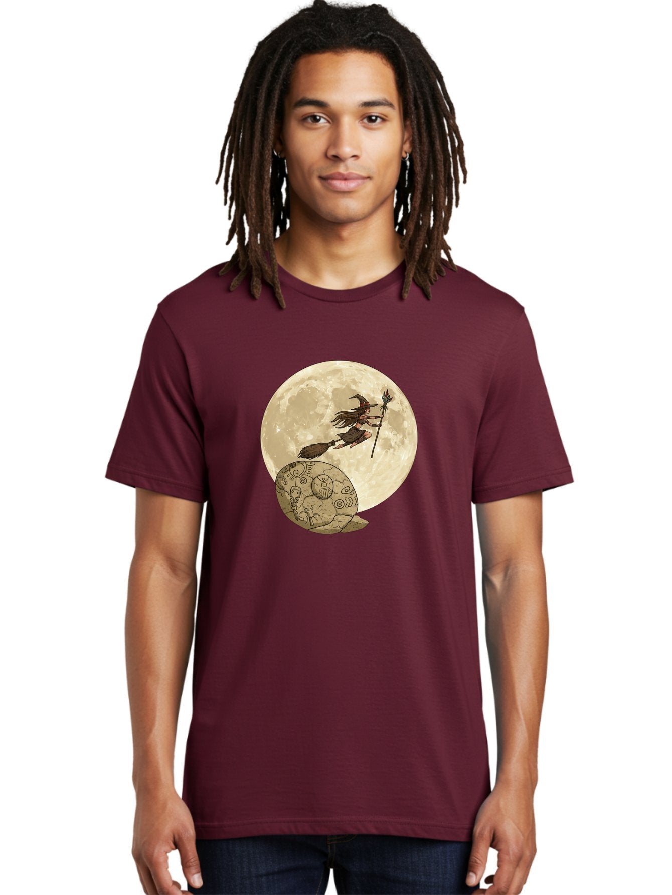 Witch-Flying-On-Broomstick-2 Men'S Graphic Tee, 100% Cotton, Comfortable Casual Summer Wear, Machine Washable, Witch Flying On Broomstick, Full Moon, Mystical Symbols, Lunar Magic, Fantasy Art, Halloween Theme, Mystical Creatures, Bad921 20