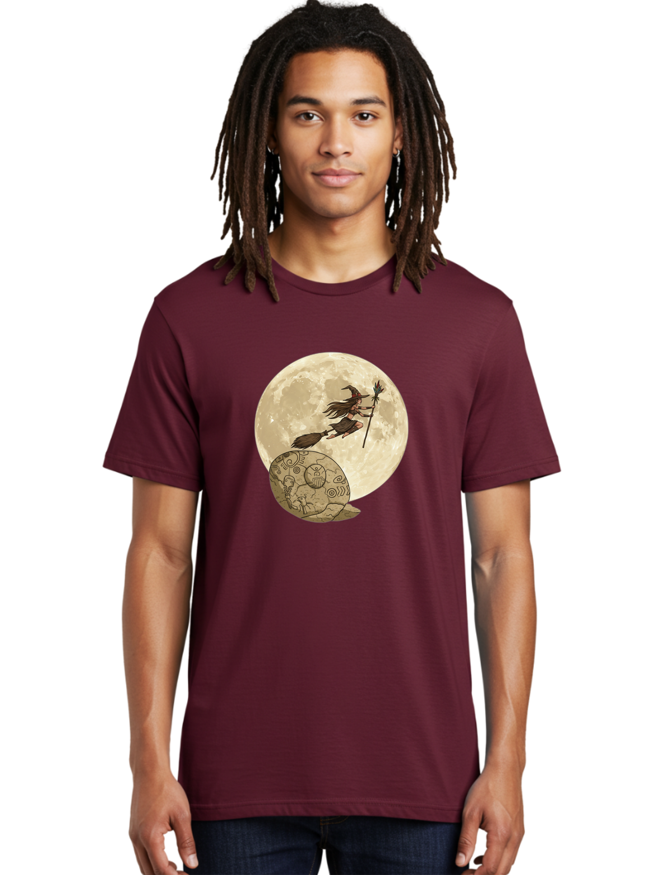 Witch-Flying-On-Broomstick-2 Men'S Graphic Tee, 100% Cotton, Comfortable Casual Summer Wear, Machine Washable, Witch Flying On Broomstick, Full Moon, Mystical Symbols, Lunar Magic, Fantasy Art, Halloween Theme, Mystical Creatures, Bad921 30