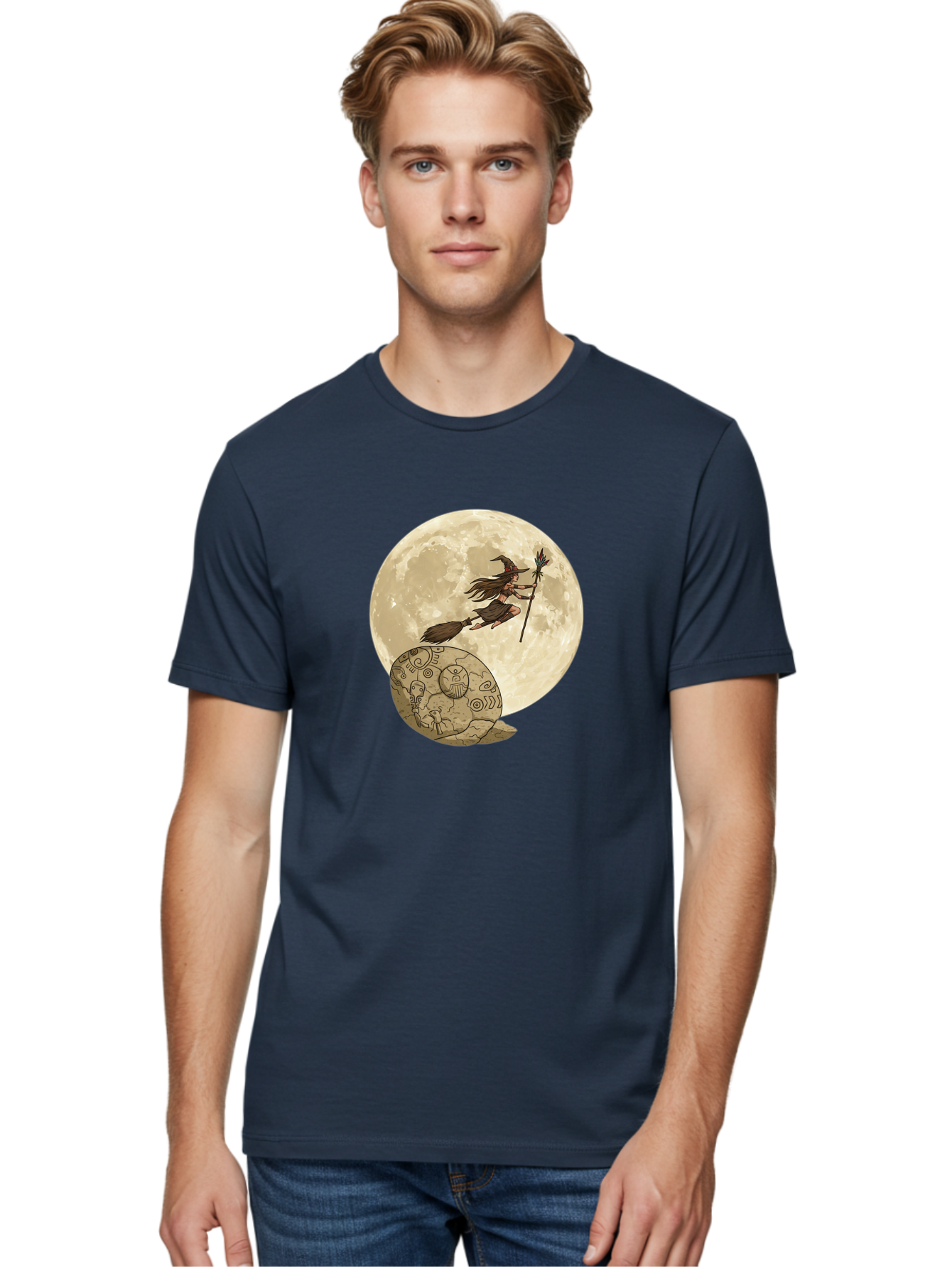 Witch-Flying-On-Broomstick-2 Men'S Graphic Tee, 100% Cotton, Comfortable Casual Summer Wear, Machine Washable, Witch Flying On Broomstick, Full Moon, Mystical Symbols, Lunar Magic, Fantasy Art, Halloween Theme, Mystical Creatures, Bad921 21