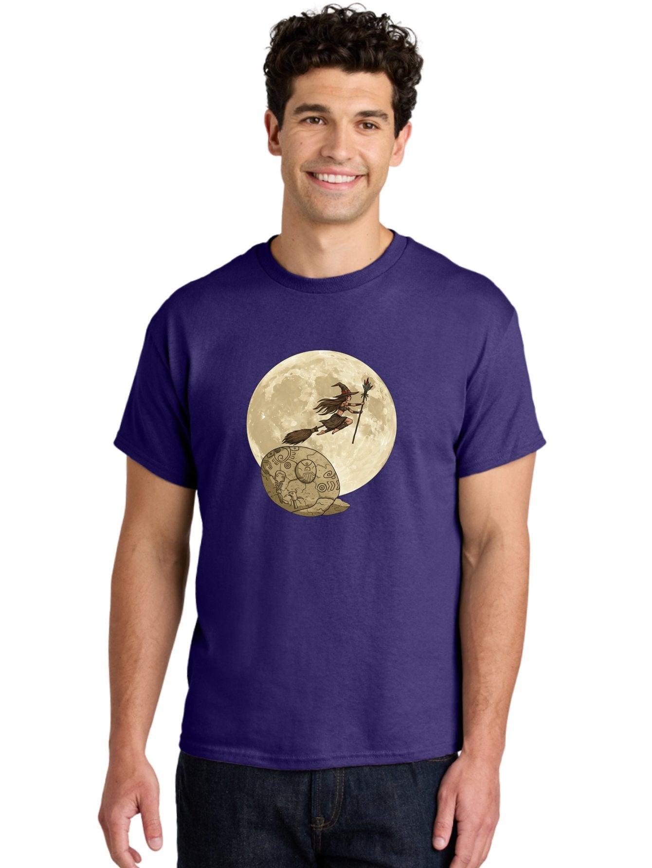 Witch-Flying-On-Broomstick-2 Men'S Graphic Tee, 100% Cotton, Comfortable Casual Summer Wear, Machine Washable, Witch Flying On Broomstick, Full Moon, Mystical Symbols, Lunar Magic, Fantasy Art, Halloween Theme, Mystical Creatures, Bad921 27