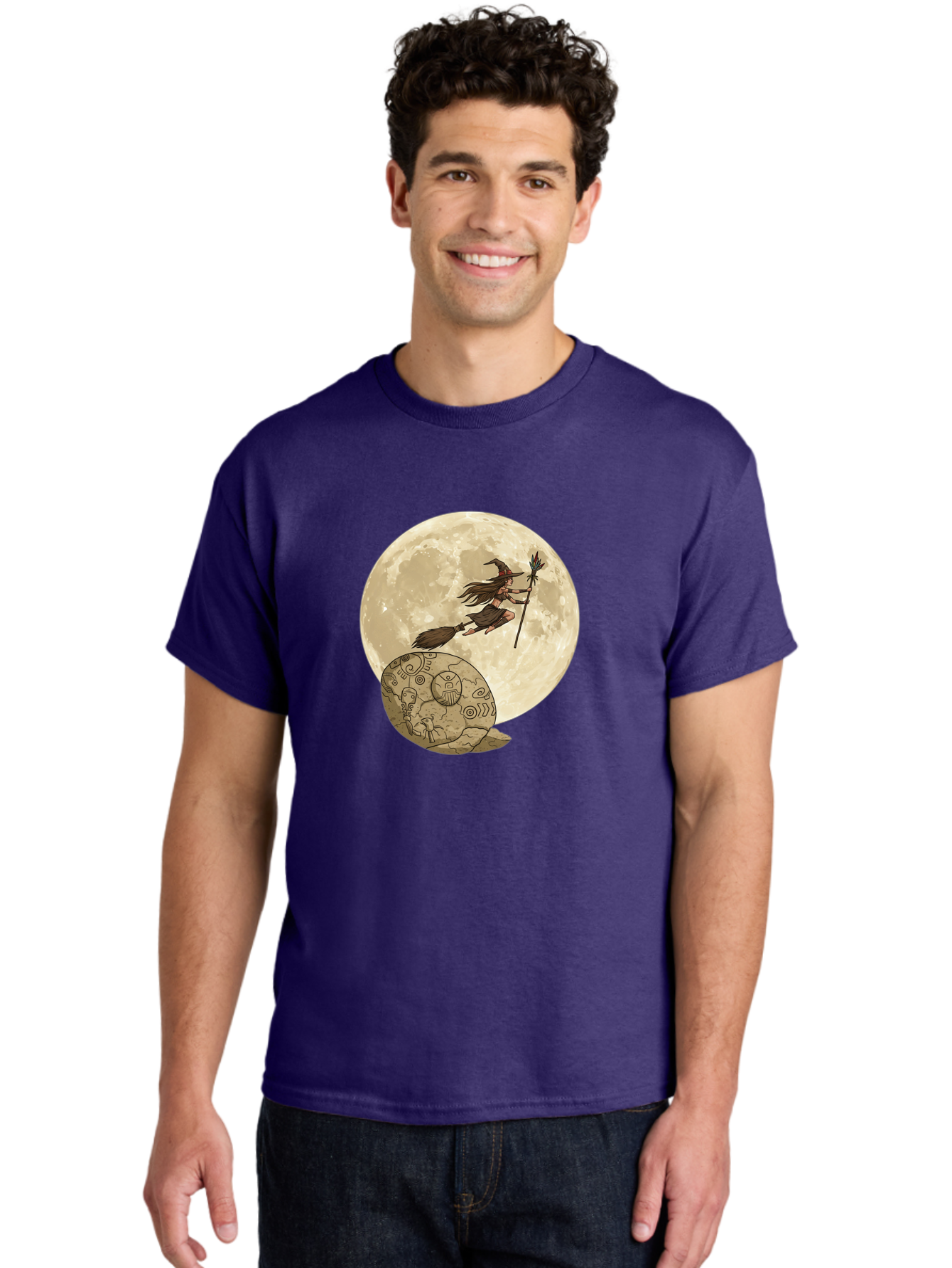 Witch-Flying-On-Broomstick-2 Men'S Graphic Tee, 100% Cotton, Comfortable Casual Summer Wear, Machine Washable, Witch Flying On Broomstick, Full Moon, Mystical Symbols, Lunar Magic, Fantasy Art, Halloween Theme, Mystical Creatures, Bad921 19
