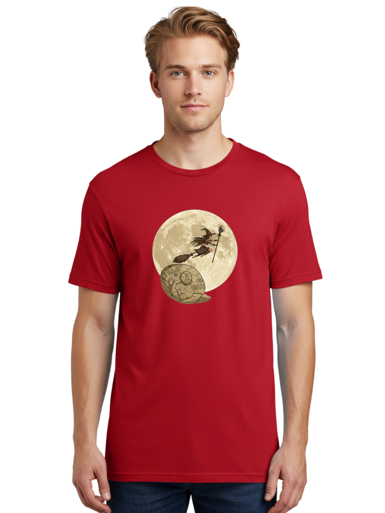 Witch-Flying-On-Broomstick-2 Men'S Graphic Tee, 100% Cotton, Comfortable Casual Summer Wear, Machine Washable, Witch Flying On Broomstick, Full Moon, Mystical Symbols, Lunar Magic, Fantasy Art, Halloween Theme, Mystical Creatures, Bad921 20