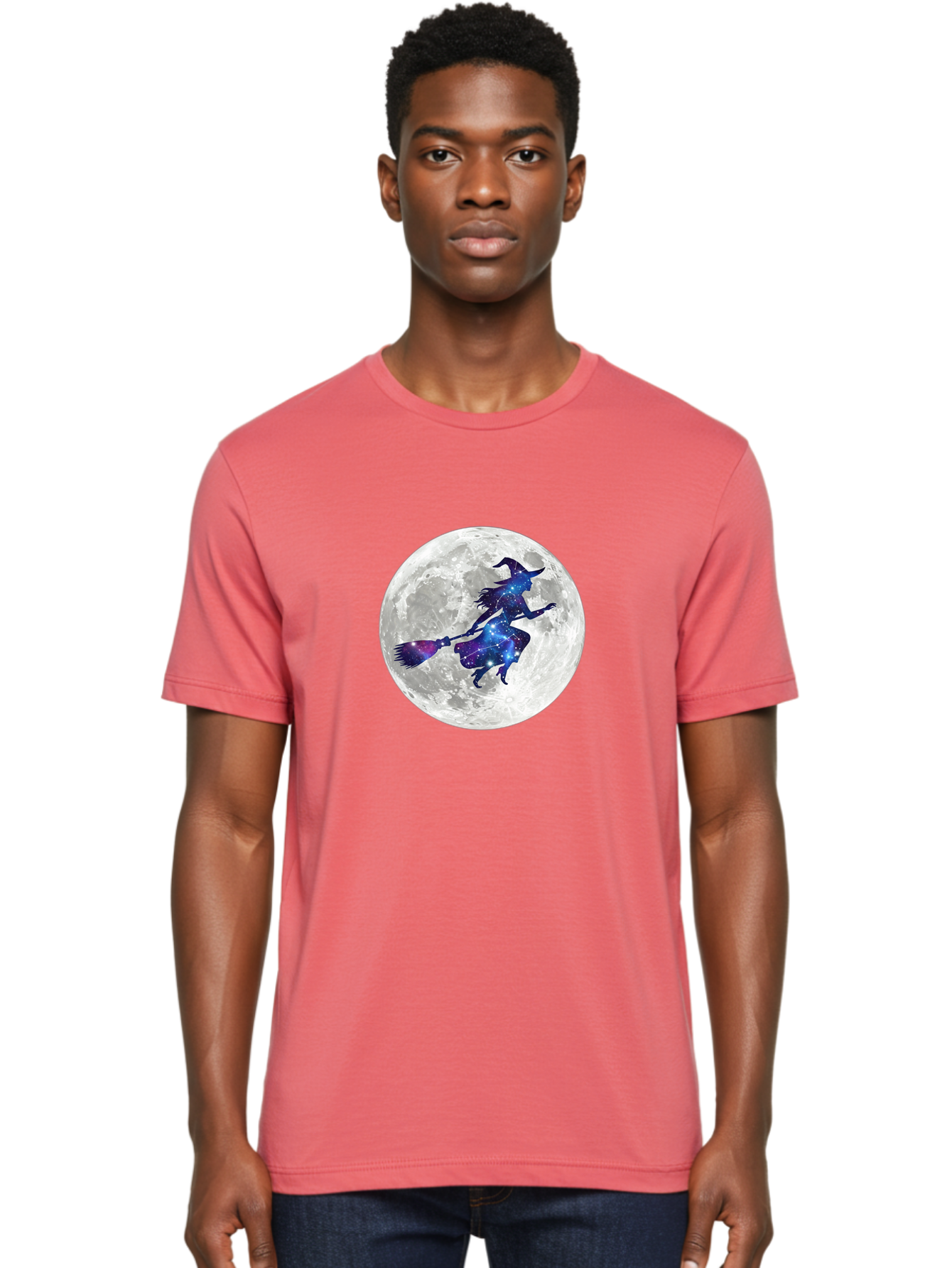 Witch-Flying-On-Broomstick-3 Men'S Graphic Tee, 100% Cotton, Comfortable Casual Summer Wear, Machine Washable, Witch Flying On Broomstick, Full Moon, Galaxy Silhouette, Mystical Magic, Celestial Wonder, Night Sky, Halloween Theme, Bad922 23