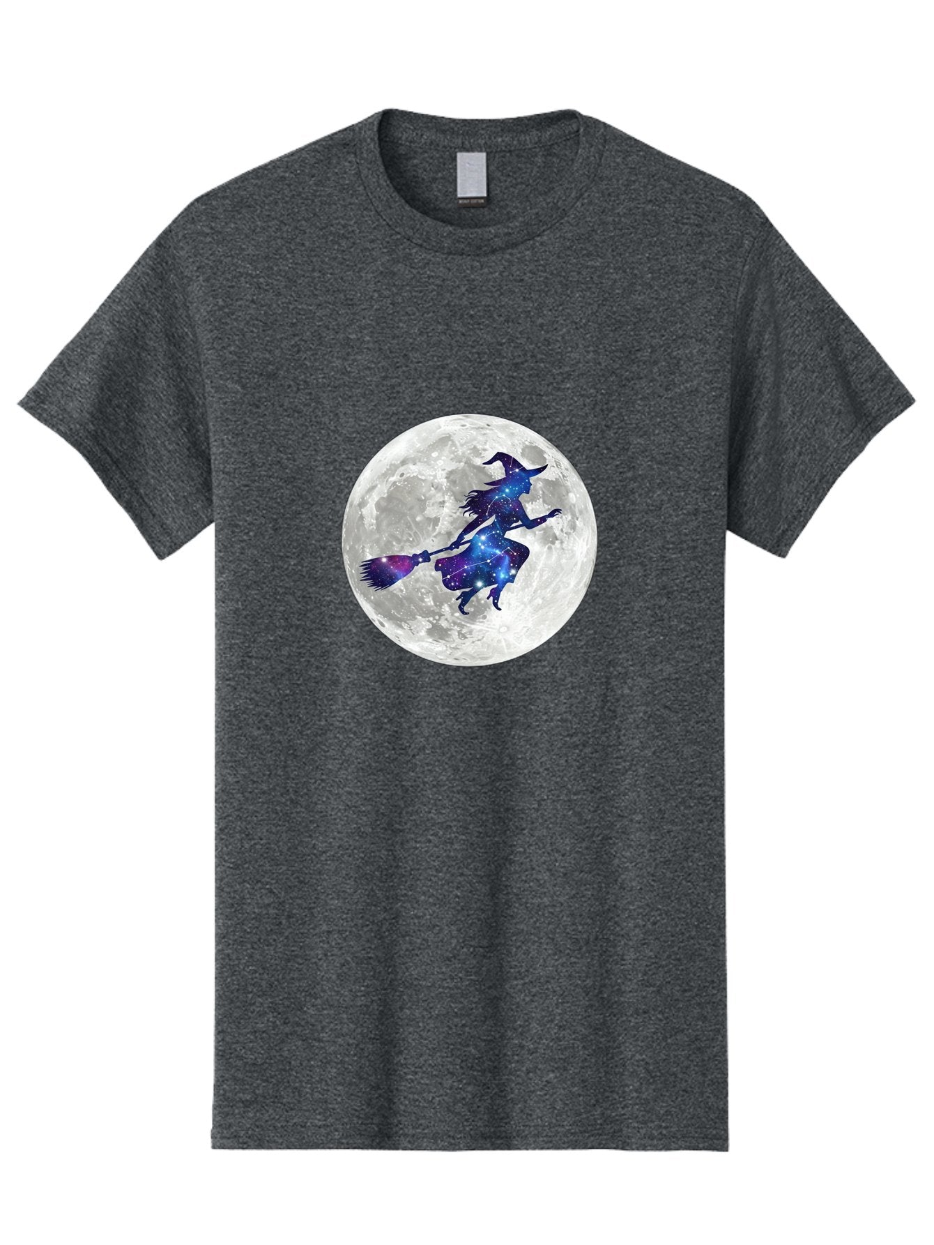 Witch-Flying-On-Broomstick-3 Men'S Graphic Tee, 100% Cotton, Comfortable Casual Summer Wear, Machine Washable, Witch Flying On Broomstick, Full Moon, Galaxy Silhouette, Mystical Magic, Celestial Wonder, Night Sky, Halloween Theme, Bad922
