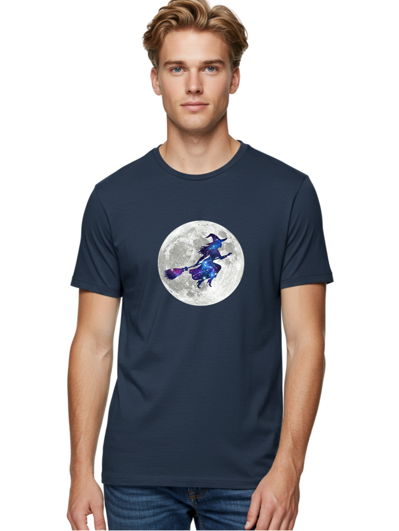 Witch-Flying-On-Broomstick-3 Men'S Graphic Tee, 100% Cotton, Comfortable Casual Summer Wear, Machine Washable, Witch Flying On Broomstick, Full Moon, Galaxy Silhouette, Mystical Magic, Celestial Wonder, Night Sky, Halloween Theme, Bad922 24