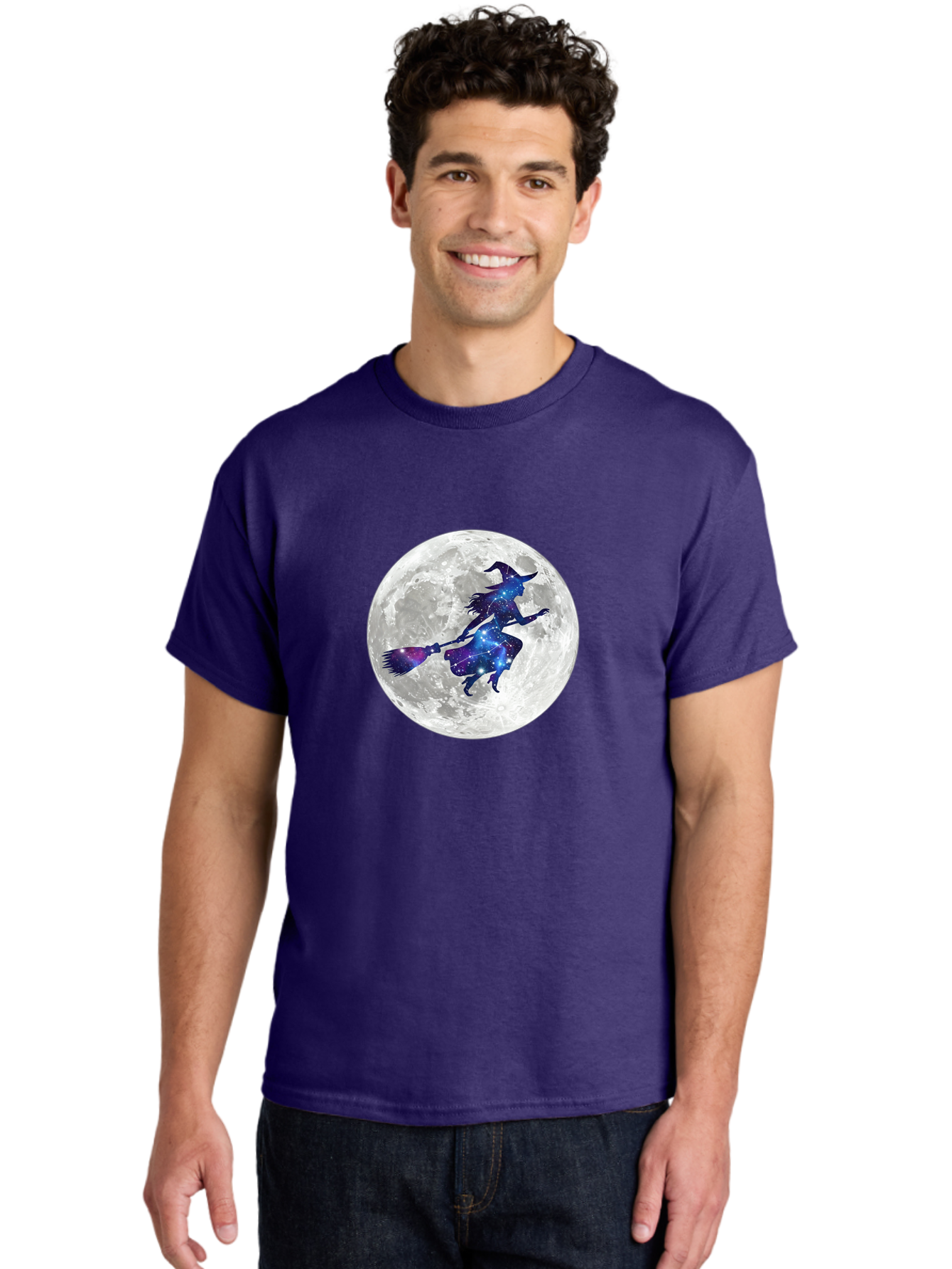 Witch-Flying-On-Broomstick-3 Men'S Graphic Tee, 100% Cotton, Comfortable Casual Summer Wear, Machine Washable, Witch Flying On Broomstick, Full Moon, Galaxy Silhouette, Mystical Magic, Celestial Wonder, Night Sky, Halloween Theme, Bad922 16