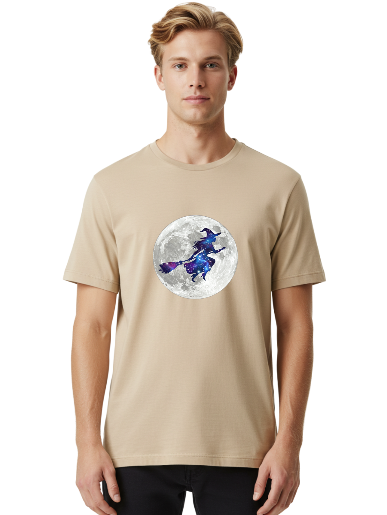 Witch-Flying-On-Broomstick-3 Men'S Graphic Tee, 100% Cotton, Comfortable Casual Summer Wear, Machine Washable, Witch Flying On Broomstick, Full Moon, Galaxy Silhouette, Mystical Magic, Celestial Wonder, Night Sky, Halloween Theme, Bad922 30