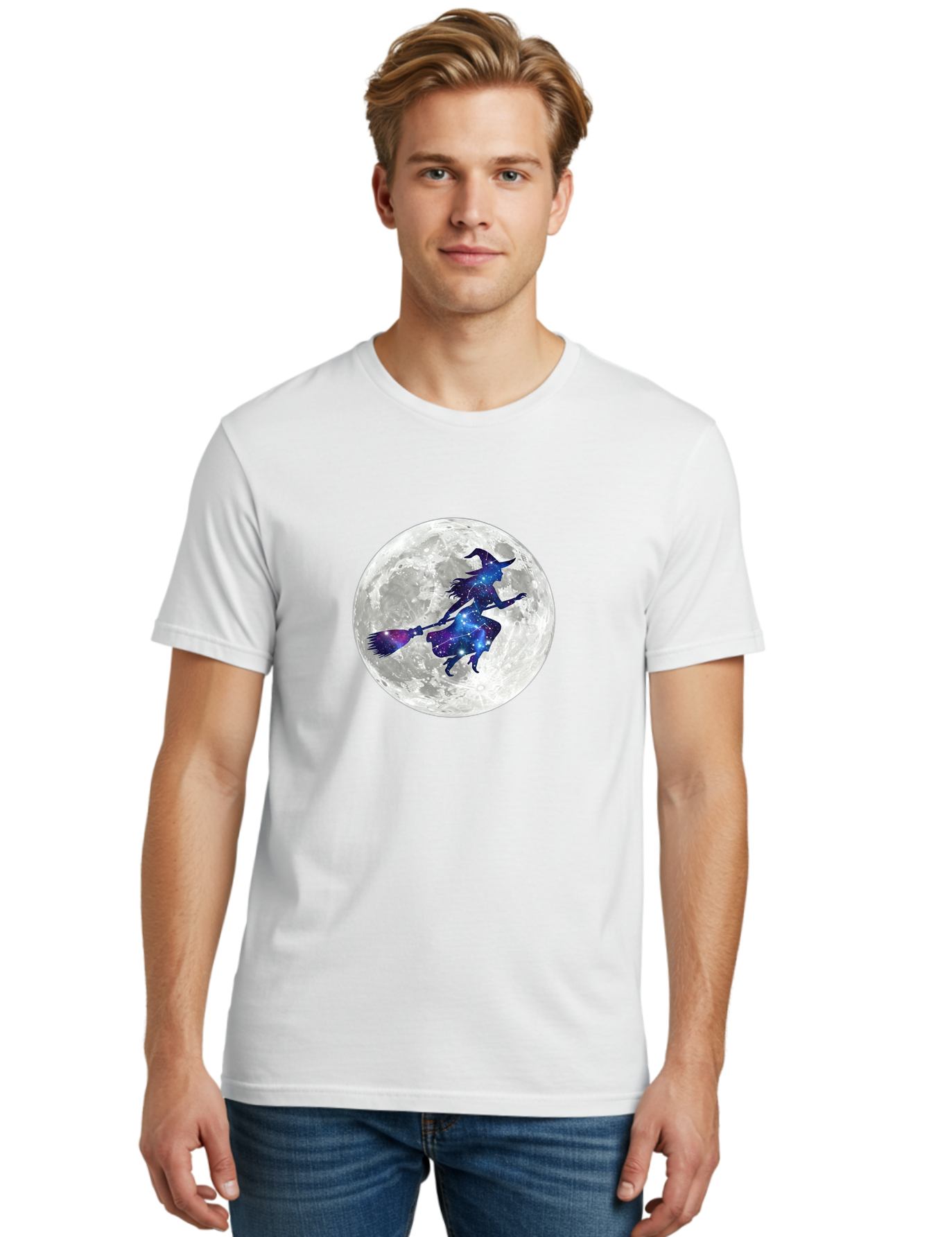 Witch-Flying-On-Broomstick-3 Men'S Graphic Tee, 100% Cotton, Comfortable Casual Summer Wear, Machine Washable, Witch Flying On Broomstick, Full Moon, Galaxy Silhouette, Mystical Magic, Celestial Wonder, Night Sky, Halloween Theme, Bad922 25