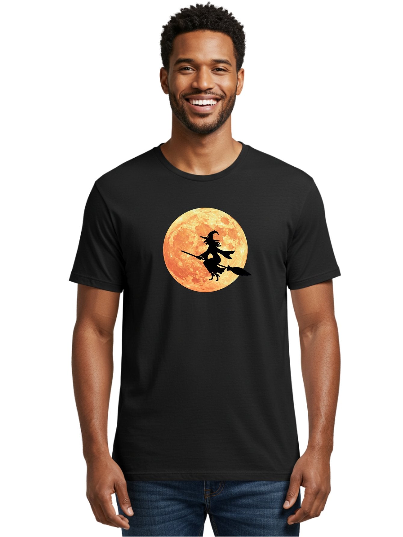 Witch-Flying-On-Broomstick Men'S Graphic Tee, 100% Cotton, Comfortable Casual Summer Wear, Machine Washable, Witch Flying On Broomstick, Full Moon, Orange Moon, Silhouette, Magic, Halloween, Witchcraft, Flying Witch, Mystical, Bad923 26