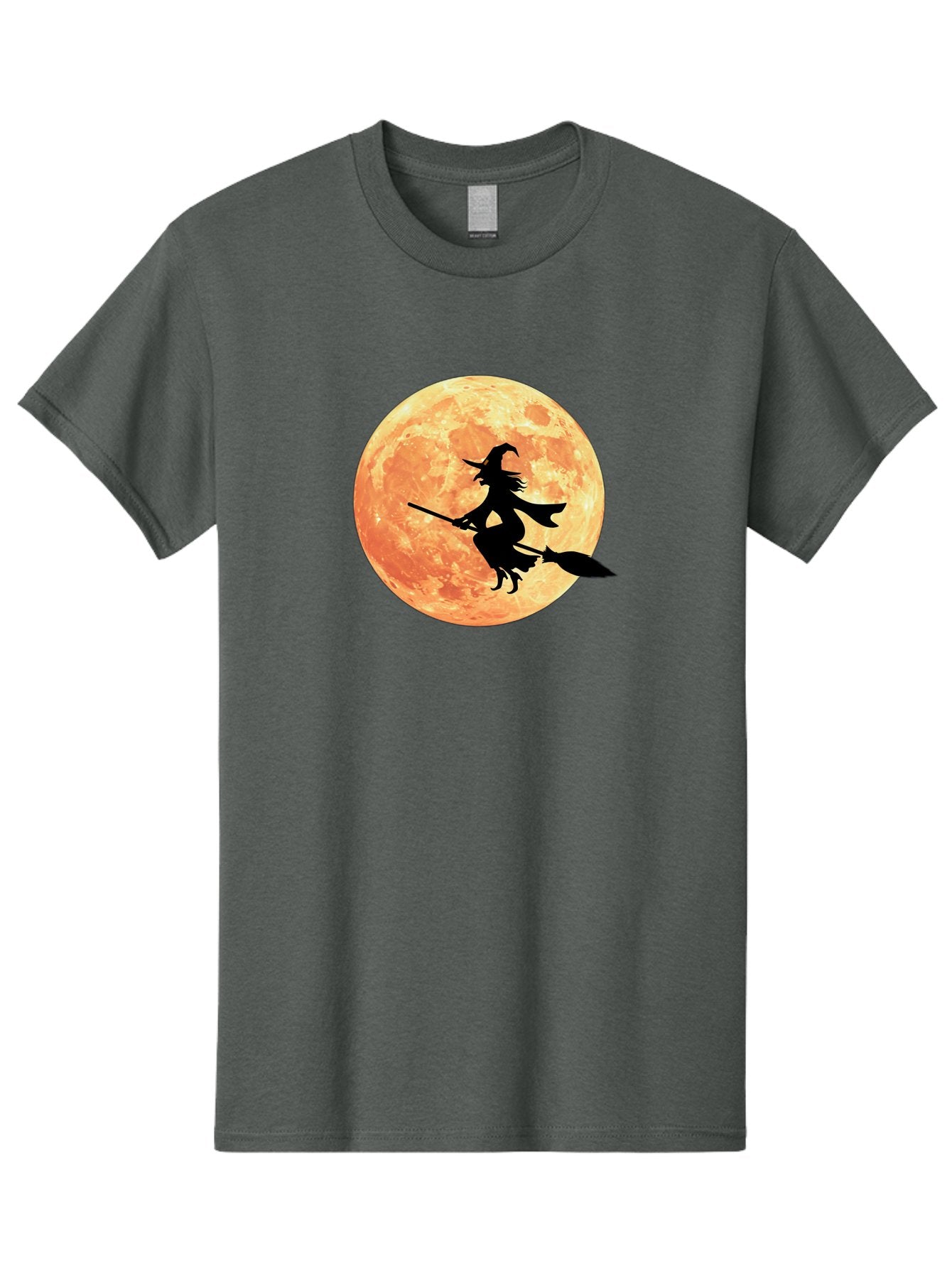 Witch-Flying-On-Broomstick Men'S Graphic Tee, 100% Cotton, Comfortable Casual Summer Wear, Machine Washable, Witch Flying On Broomstick, Full Moon, Orange Moon, Silhouette, Magic, Halloween, Witchcraft, Flying Witch, Mystical, Bad923