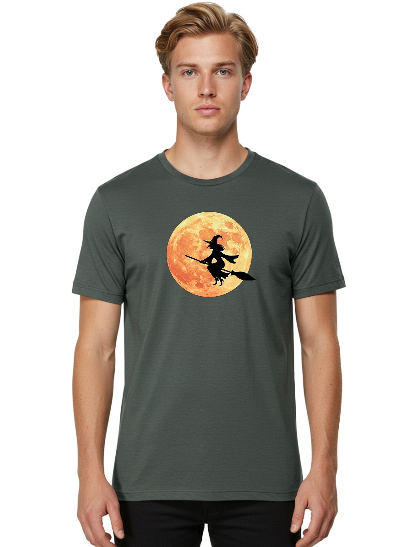 Witch-Flying-On-Broomstick Men'S Graphic Tee, 100% Cotton, Comfortable Casual Summer Wear, Machine Washable, Witch Flying On Broomstick, Full Moon, Orange Moon, Silhouette, Magic, Halloween, Witchcraft, Flying Witch, Mystical, Bad923 19