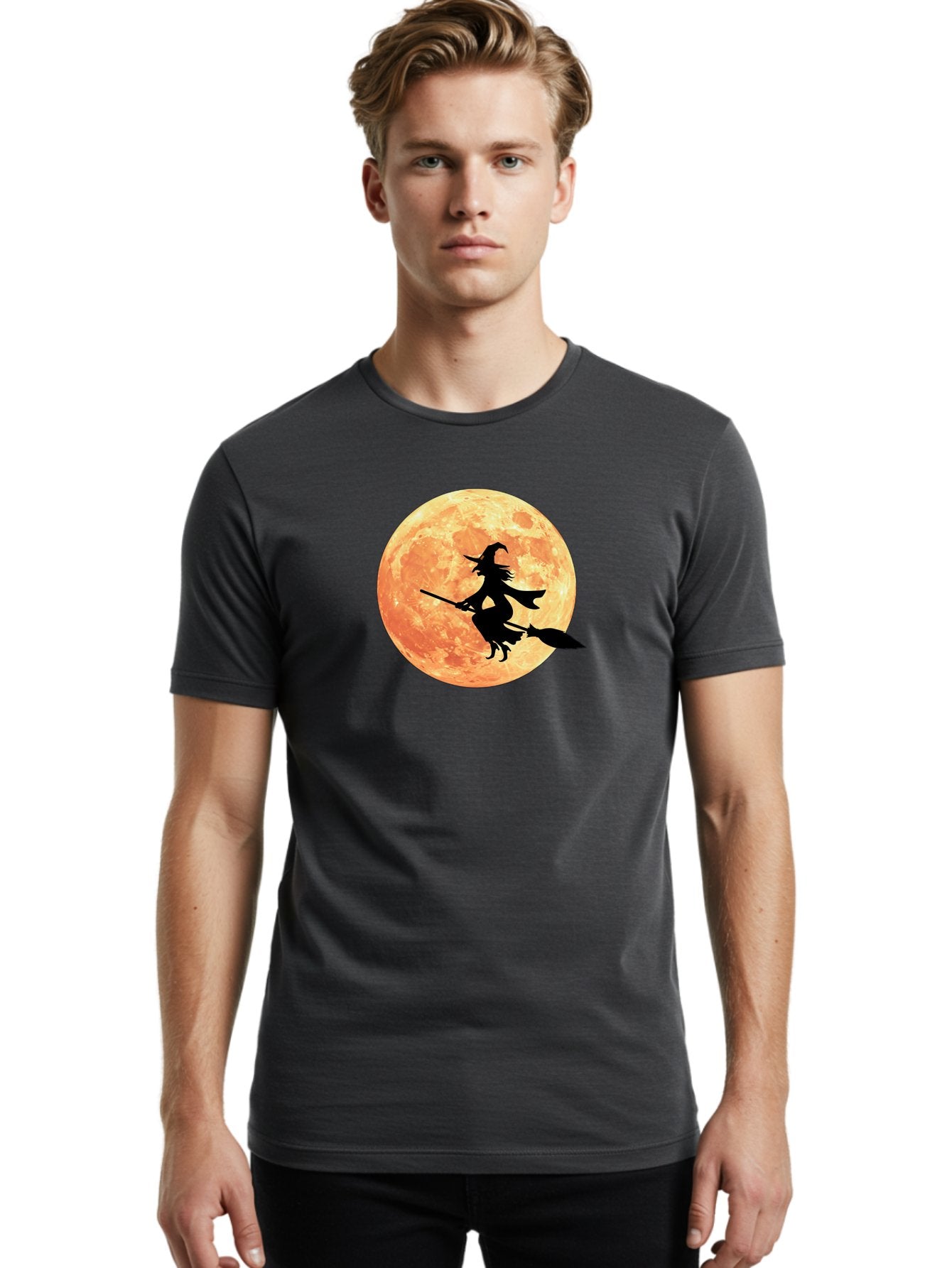 Witch-Flying-On-Broomstick Men'S Graphic Tee, 100% Cotton, Comfortable Casual Summer Wear, Machine Washable, Witch Flying On Broomstick, Full Moon, Orange Moon, Silhouette, Magic, Halloween, Witchcraft, Flying Witch, Mystical, Bad923 18