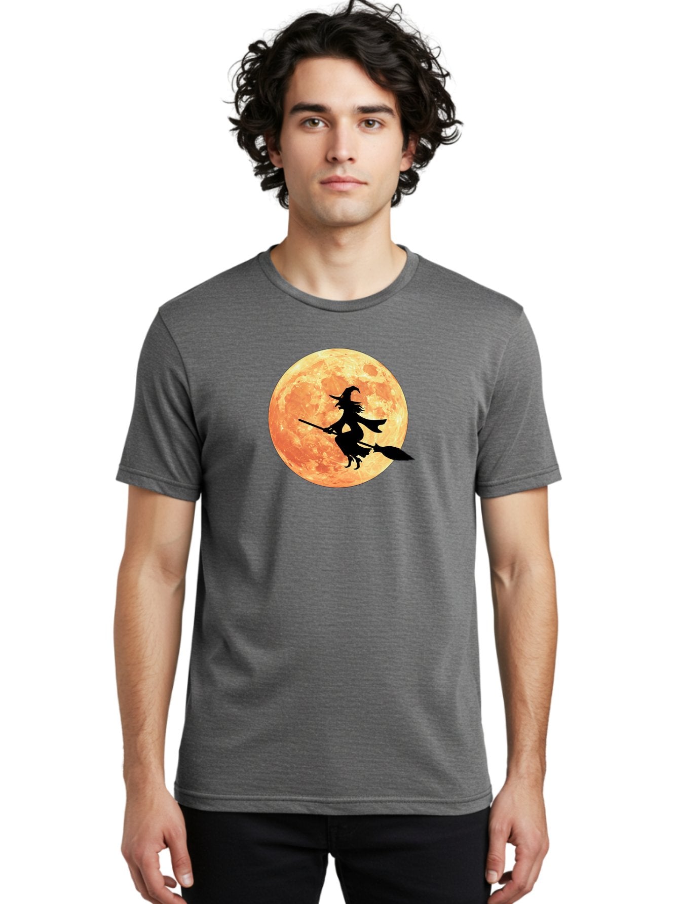 Witch-Flying-On-Broomstick Men'S Graphic Tee, 100% Cotton, Comfortable Casual Summer Wear, Machine Washable, Witch Flying On Broomstick, Full Moon, Orange Moon, Silhouette, Magic, Halloween, Witchcraft, Flying Witch, Mystical, Bad923 28