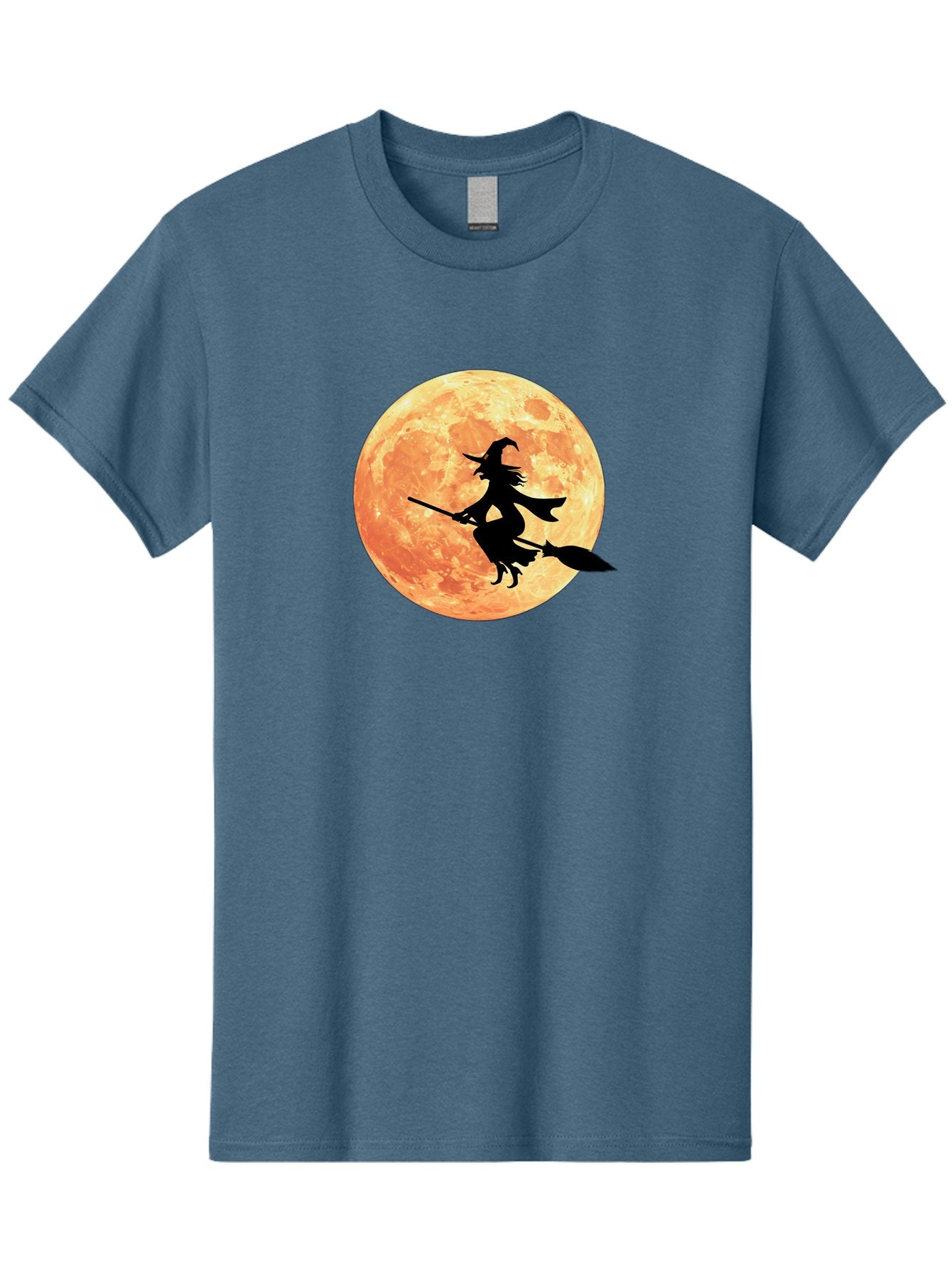 Witch-Flying-On-Broomstick Men'S Graphic Tee, 100% Cotton, Comfortable Casual Summer Wear, Machine Washable, Witch Flying On Broomstick, Full Moon, Orange Moon, Silhouette, Magic, Halloween, Witchcraft, Flying Witch, Mystical, Bad923