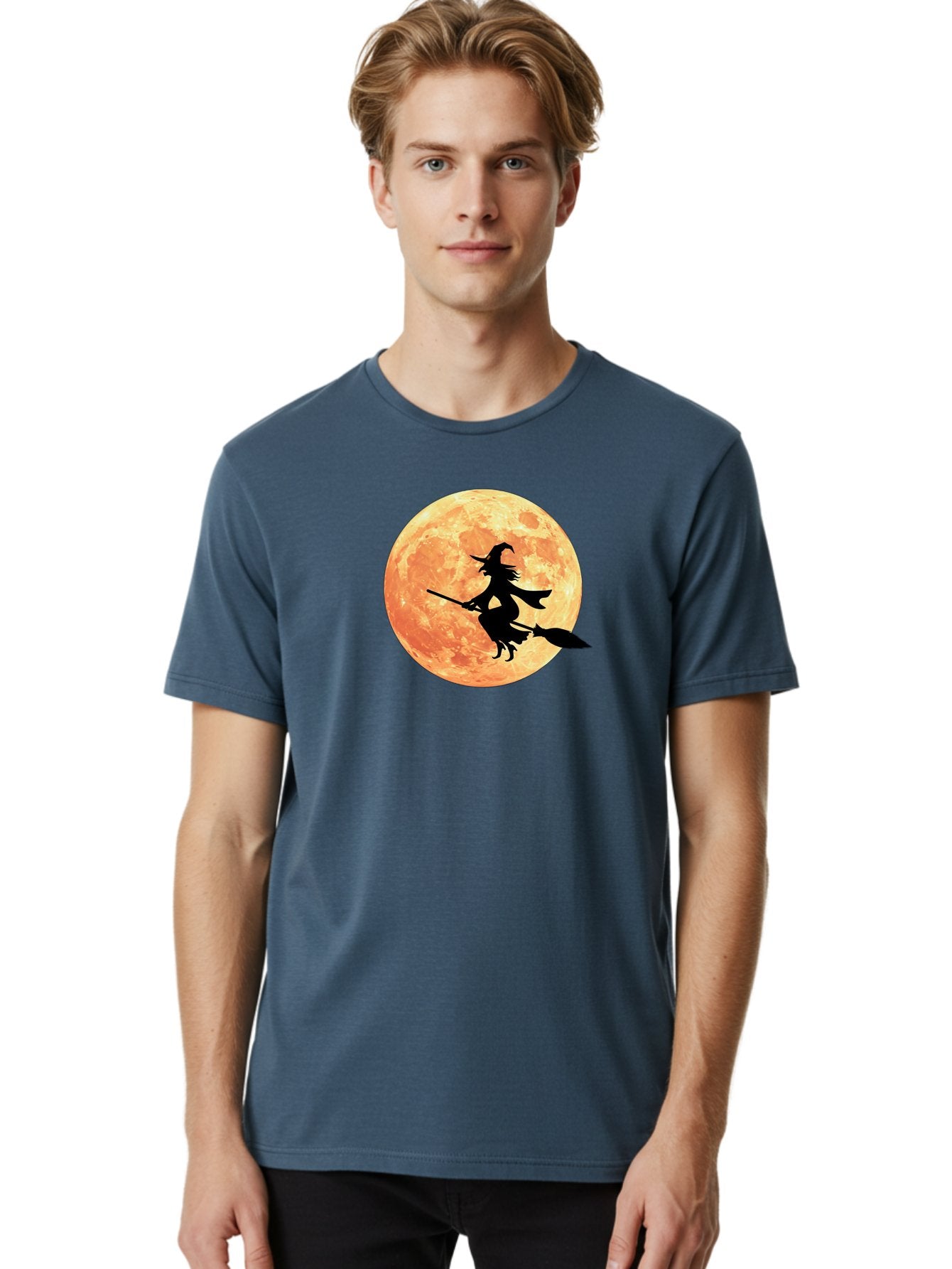 Witch-Flying-On-Broomstick Men'S Graphic Tee, 100% Cotton, Comfortable Casual Summer Wear, Machine Washable, Witch Flying On Broomstick, Full Moon, Orange Moon, Silhouette, Magic, Halloween, Witchcraft, Flying Witch, Mystical, Bad923 21