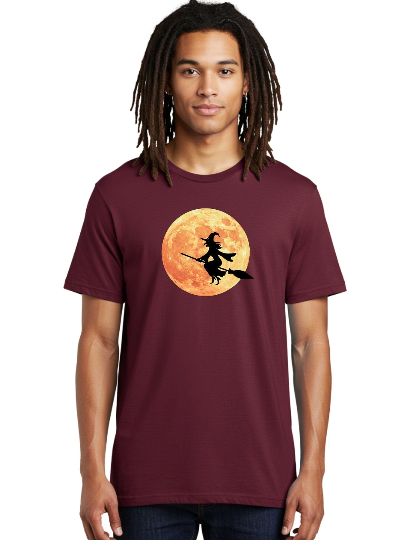 Witch-Flying-On-Broomstick Men'S Graphic Tee, 100% Cotton, Comfortable Casual Summer Wear, Machine Washable, Witch Flying On Broomstick, Full Moon, Orange Moon, Silhouette, Magic, Halloween, Witchcraft, Flying Witch, Mystical, Bad923 24