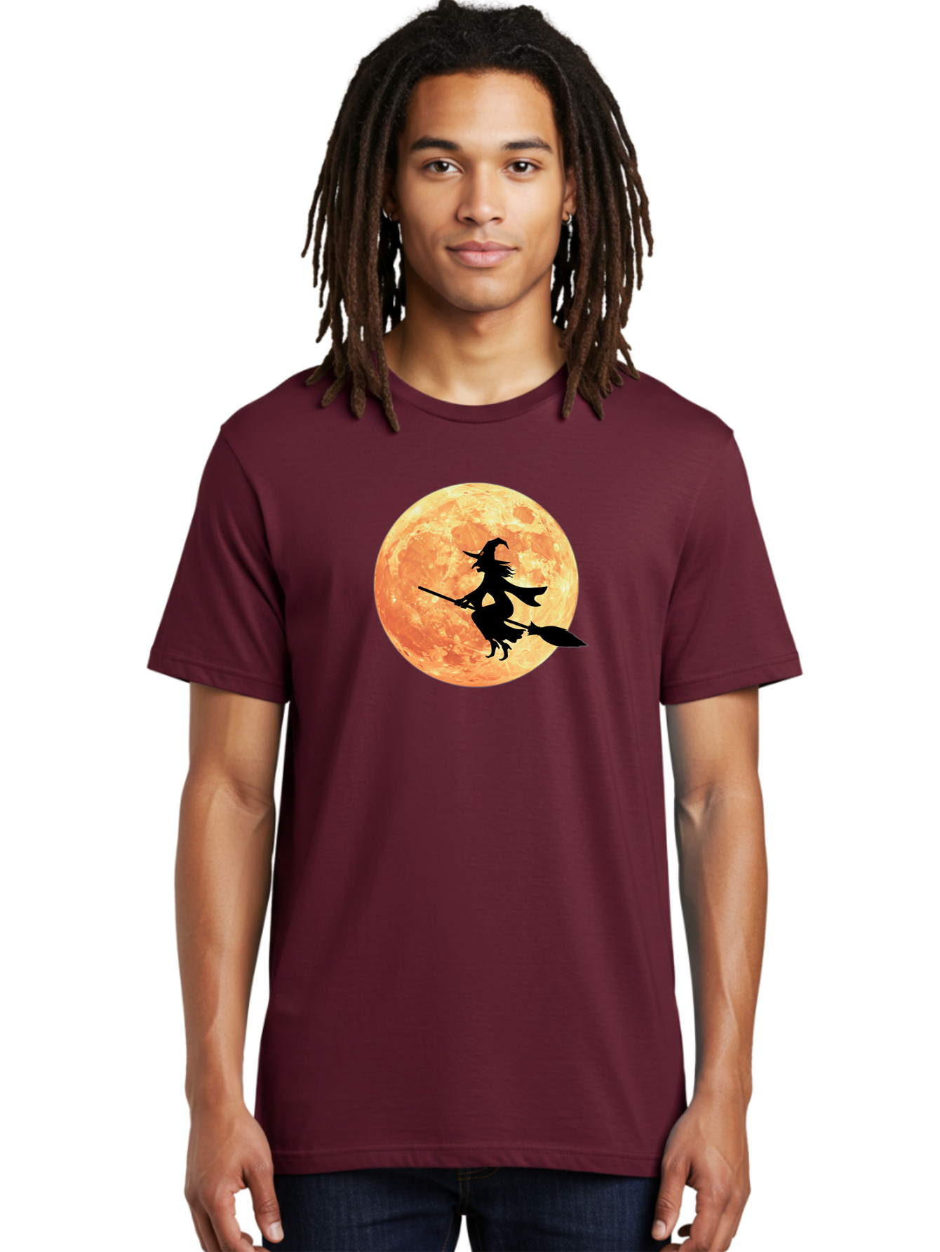 Witch-Flying-On-Broomstick Men'S Graphic Tee, 100% Cotton, Comfortable Casual Summer Wear, Machine Washable, Witch Flying On Broomstick, Full Moon, Orange Moon, Silhouette, Magic, Halloween, Witchcraft, Flying Witch, Mystical, Bad923 22