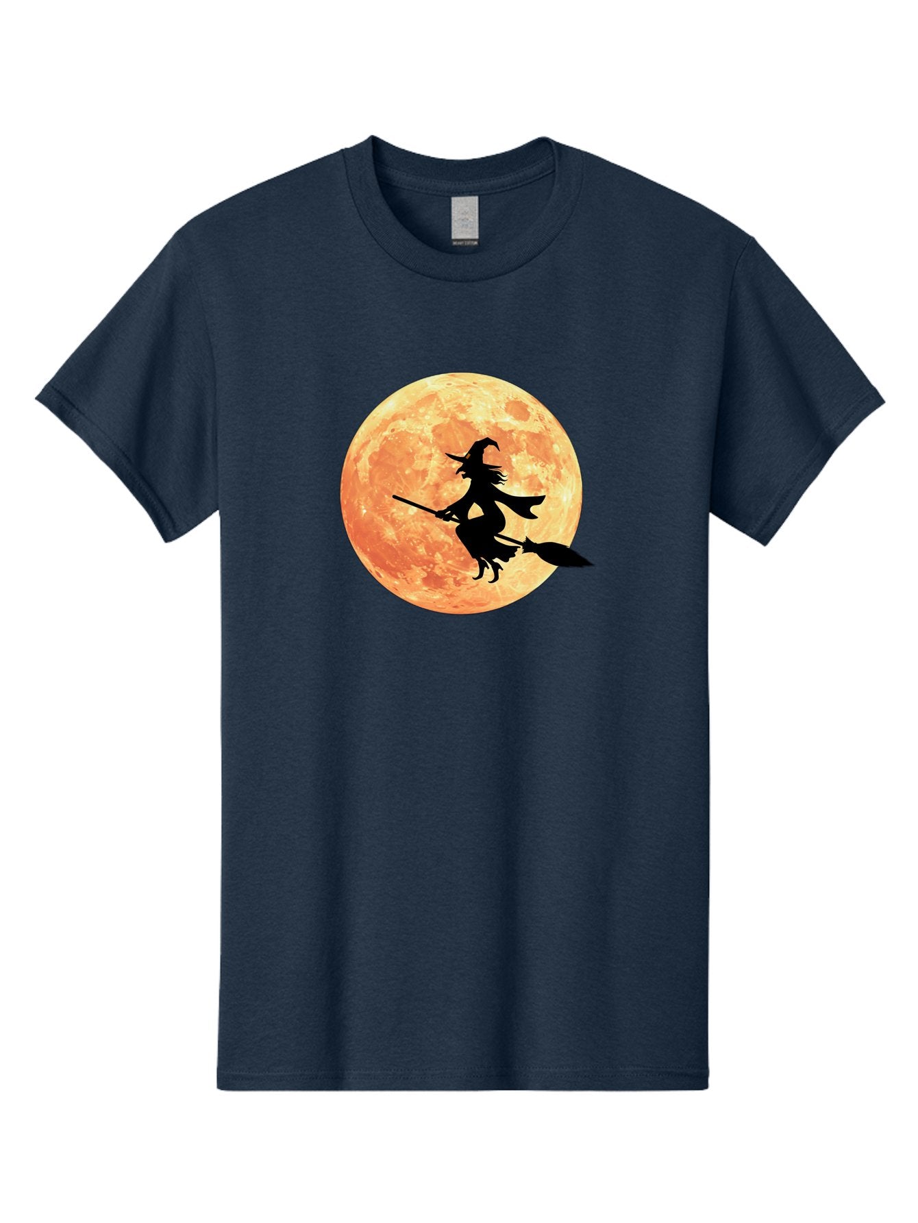 Witch-Flying-On-Broomstick Men'S Graphic Tee, 100% Cotton, Comfortable Casual Summer Wear, Machine Washable, Witch Flying On Broomstick, Full Moon, Orange Moon, Silhouette, Magic, Halloween, Witchcraft, Flying Witch, Mystical, Bad923 5
