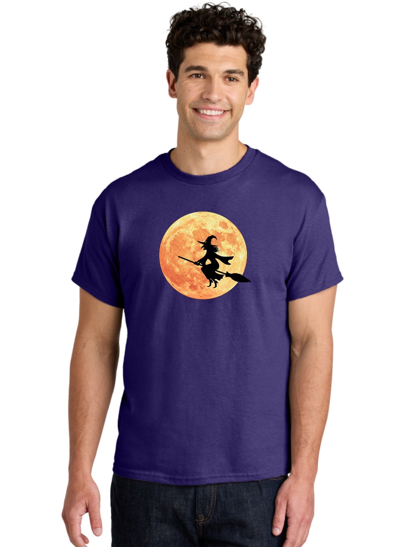 Witch-Flying-On-Broomstick Men'S Graphic Tee, 100% Cotton, Comfortable Casual Summer Wear, Machine Washable, Witch Flying On Broomstick, Full Moon, Orange Moon, Silhouette, Magic, Halloween, Witchcraft, Flying Witch, Mystical, Bad923 27