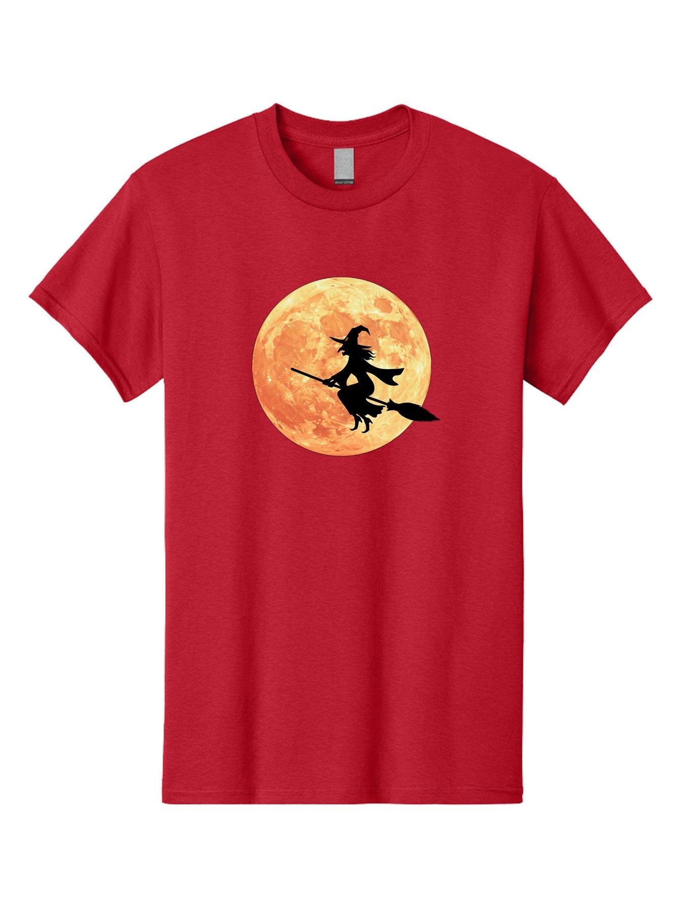 Witch-Flying-On-Broomstick Men'S Graphic Tee, 100% Cotton, Comfortable Casual Summer Wear, Machine Washable, Witch Flying On Broomstick, Full Moon, Orange Moon, Silhouette, Magic, Halloween, Witchcraft, Flying Witch, Mystical, Bad923 7