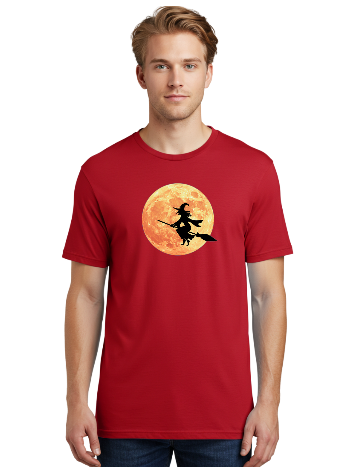 Witch-Flying-On-Broomstick Men'S Graphic Tee, 100% Cotton, Comfortable Casual Summer Wear, Machine Washable, Witch Flying On Broomstick, Full Moon, Orange Moon, Silhouette, Magic, Halloween, Witchcraft, Flying Witch, Mystical, Bad923 28
