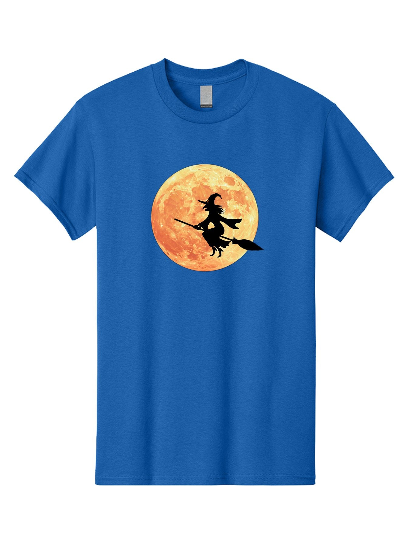 Witch-Flying-On-Broomstick Men'S Graphic Tee, 100% Cotton, Comfortable Casual Summer Wear, Machine Washable, Witch Flying On Broomstick, Full Moon, Orange Moon, Silhouette, Magic, Halloween, Witchcraft, Flying Witch, Mystical, Bad923 3
