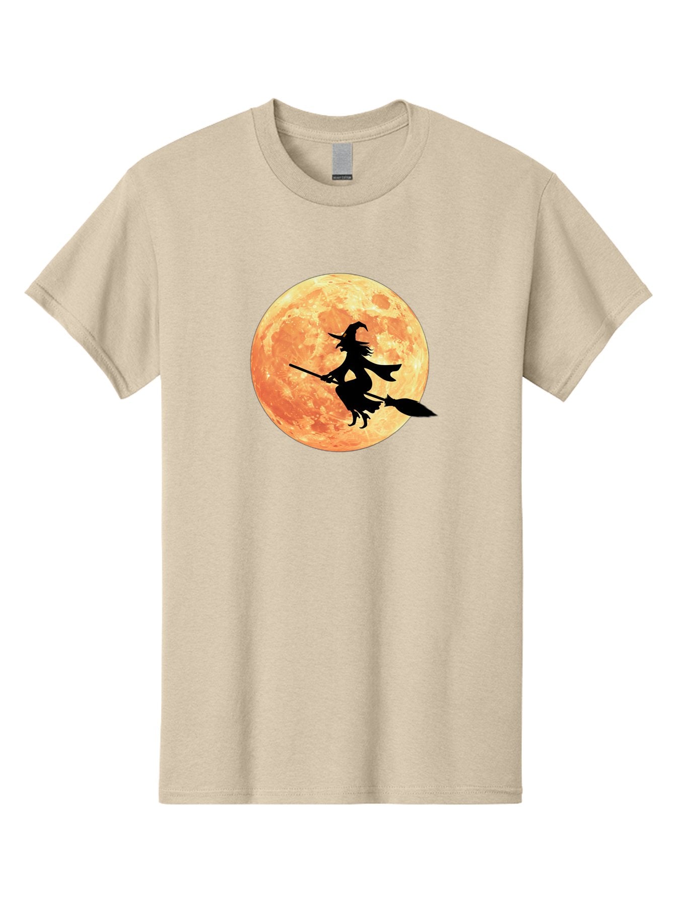 Witch-Flying-On-Broomstick Men'S Graphic Tee, 100% Cotton, Comfortable Casual Summer Wear, Machine Washable, Witch Flying On Broomstick, Full Moon, Orange Moon, Silhouette, Magic, Halloween, Witchcraft, Flying Witch, Mystical, Bad923 8