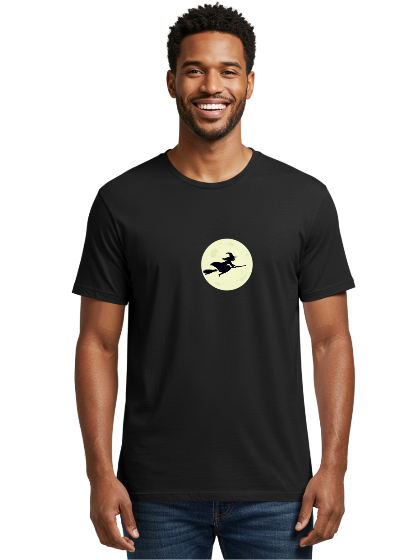 Witch-Flying-On-Moon Men'S Graphic Tee, 100% Cotton, Comfortable Casual Summer Wear, Machine Washable, Witch On Broomstick, Flying Witch, Halloween Symbol, Magic Spell, Mystical Night, Full Moon, Black Silhouette, Witchcraft, Bad924 22